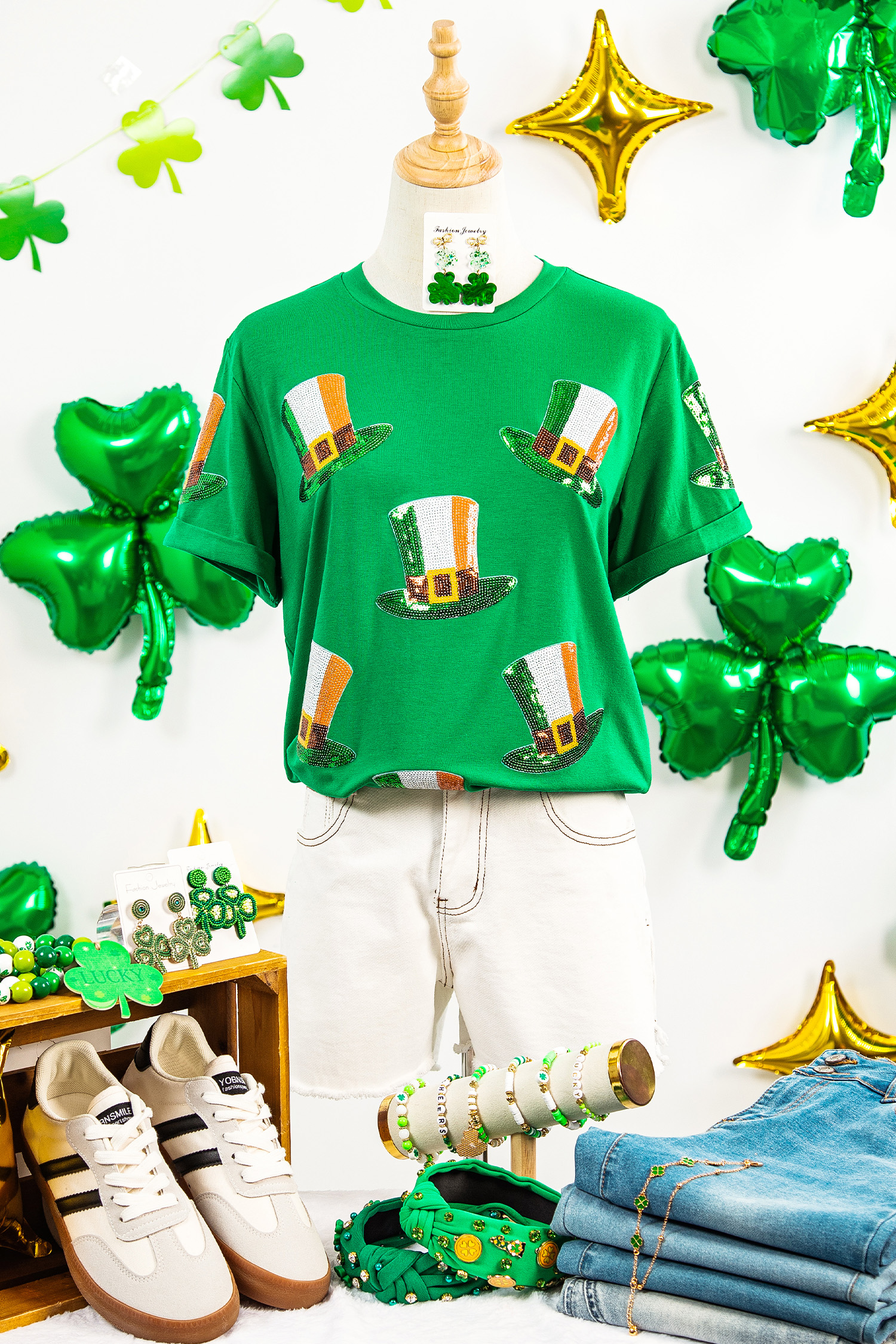 Bright Green Sequin St Patricks Day Hat Relaxed T Shirt