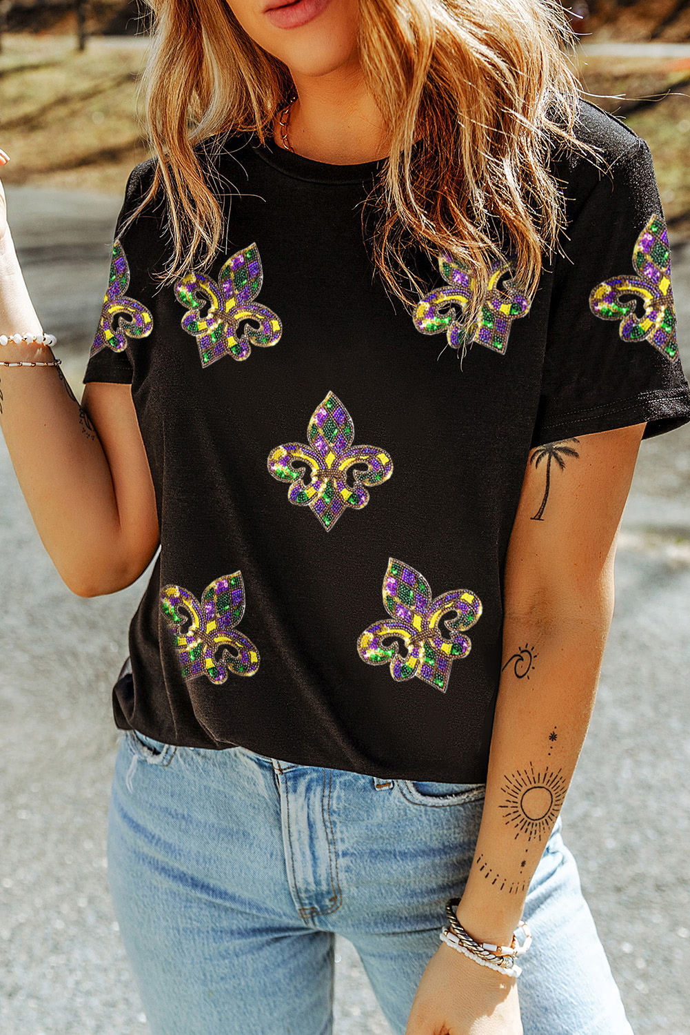 White Maid Gras Sequin Fleur de Lis Graphic T Shirt