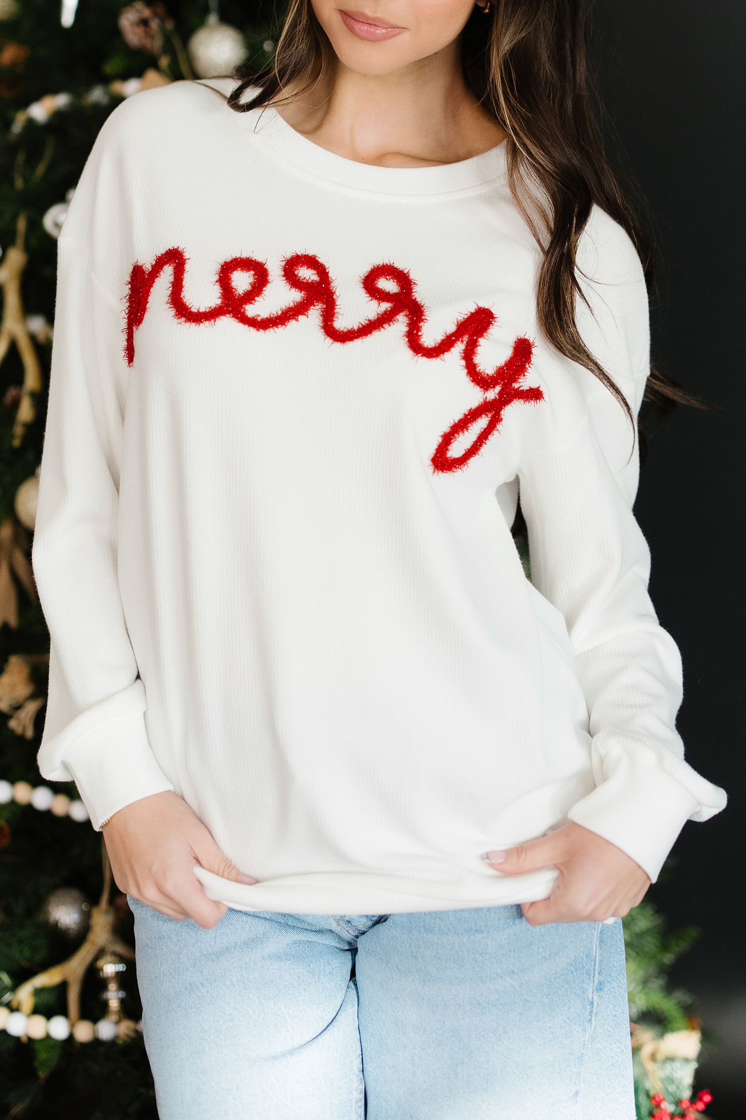 White Merry Tinsel Letter Embroidery Ribbed Drop Shoulder Sweatshirt
