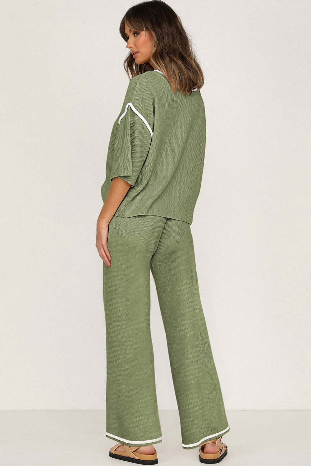 Blackish Green Contrast Trim Half Sleeve Top Drawstring Pants Loose 2pcs Sweater Suit