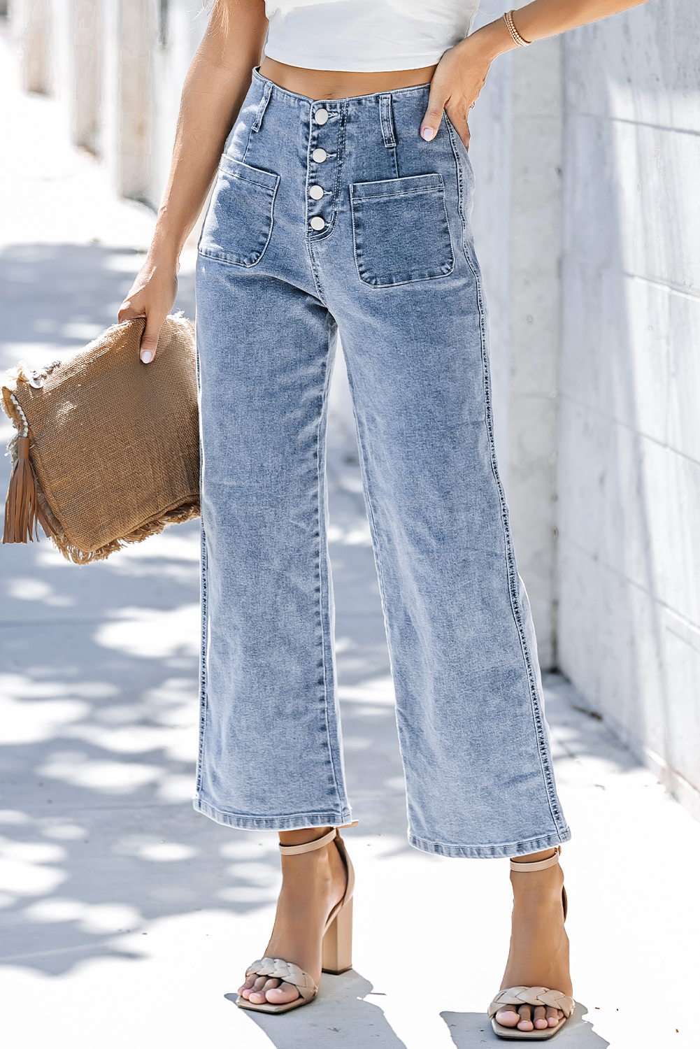 Sky Blue High Waist Cropped Wide Leg Jeans