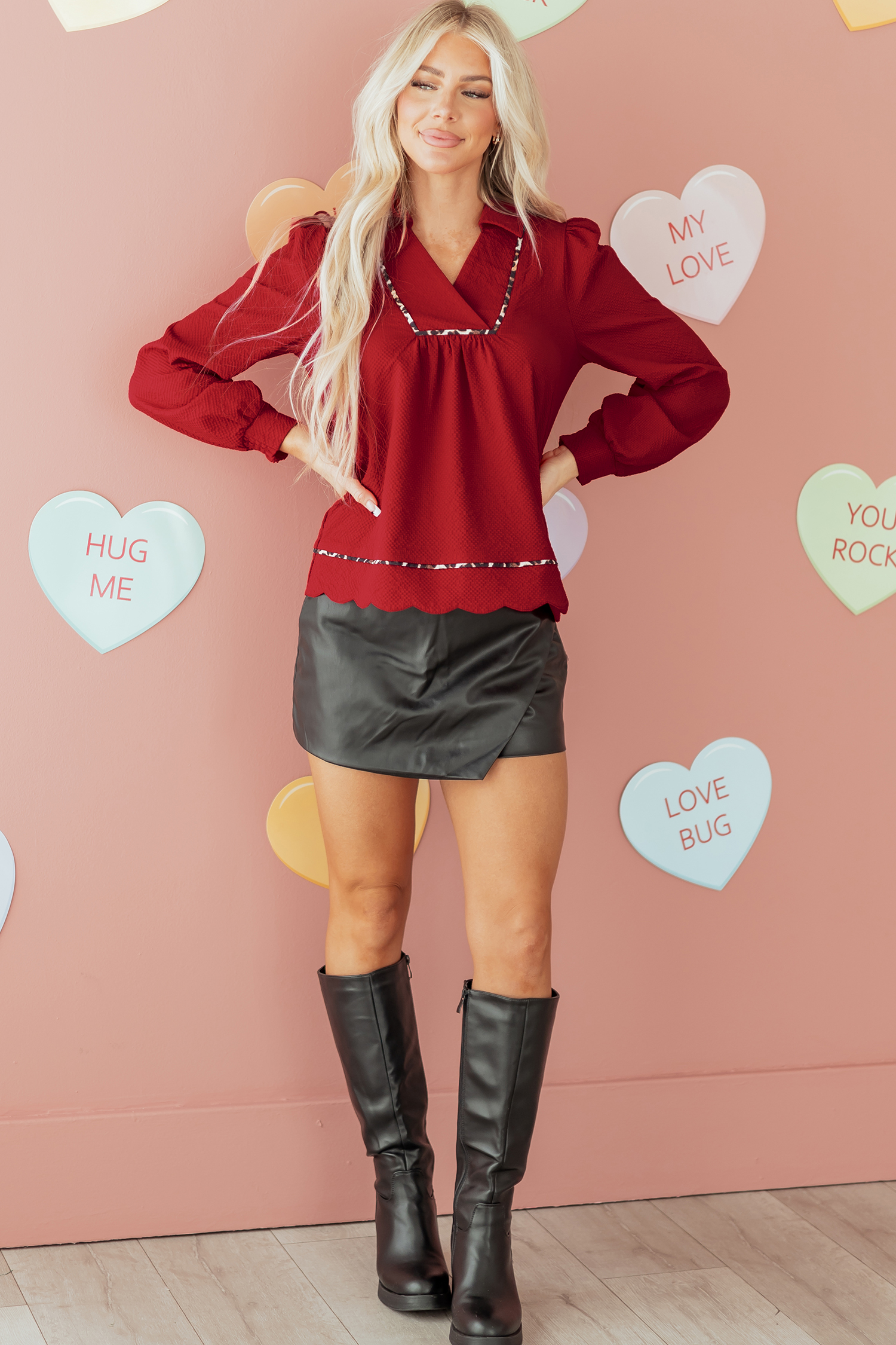 Fiery Red Textured V Neck Leopard Contrasted Trim Long Sleeve Shift Mini Dress