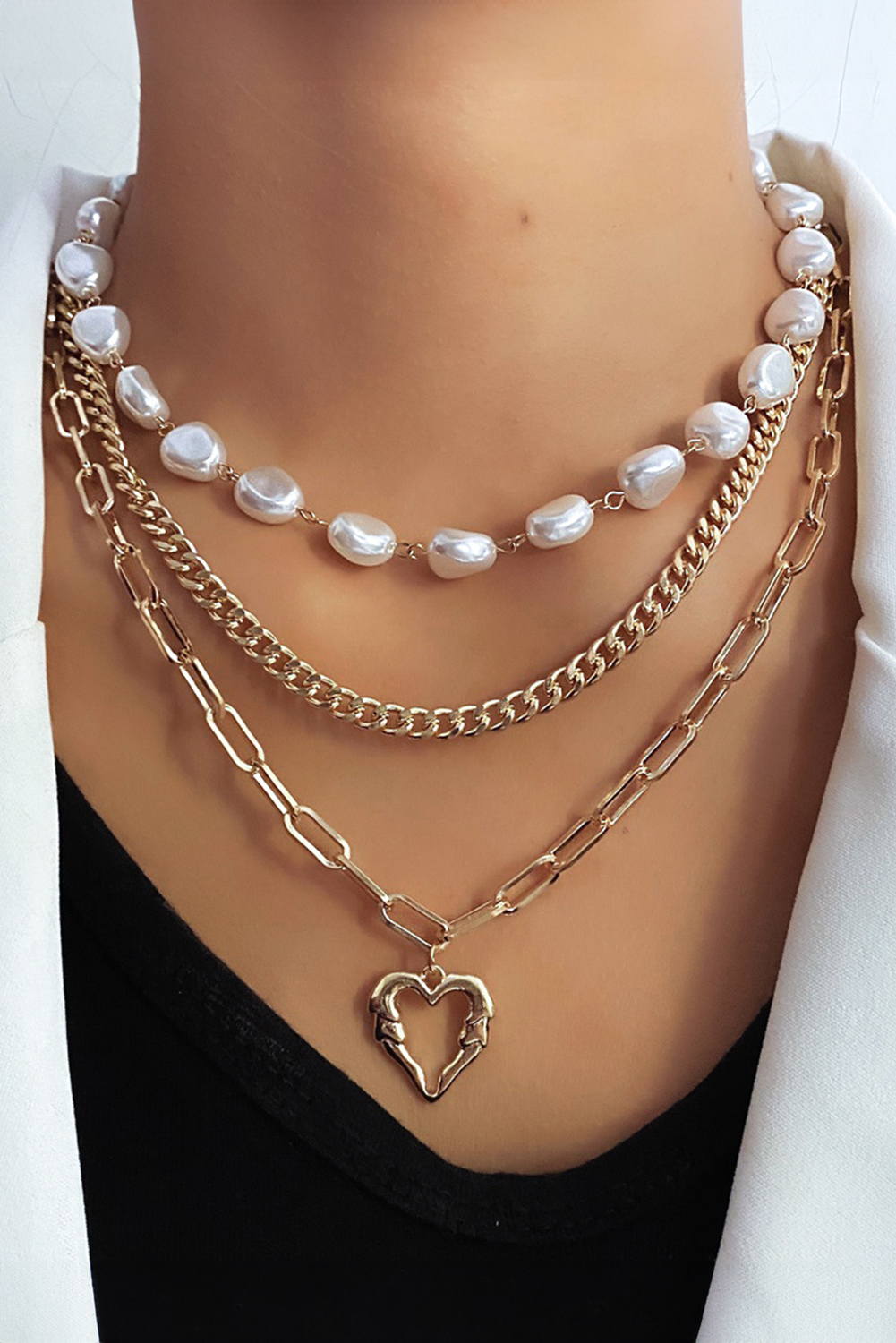 Gold Plated Heart Chain Pearl Beading 3pcs Necklace Set