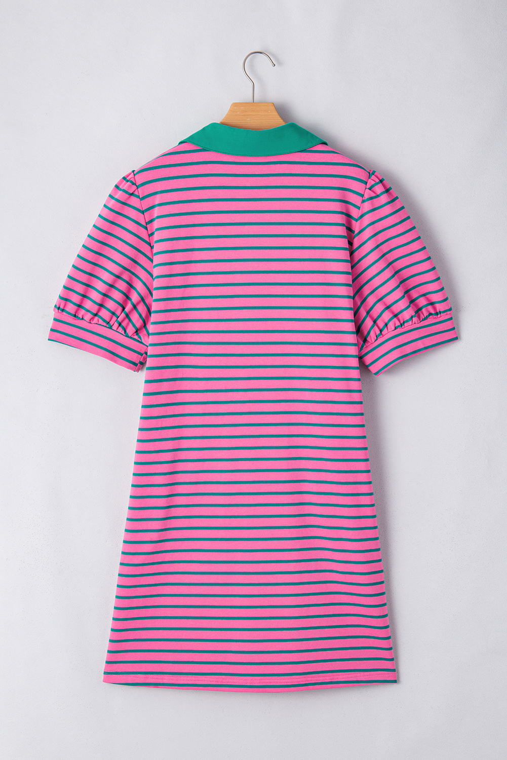 Pink Stripe Collared V Neck Puff Sleeve T Shirt Dress