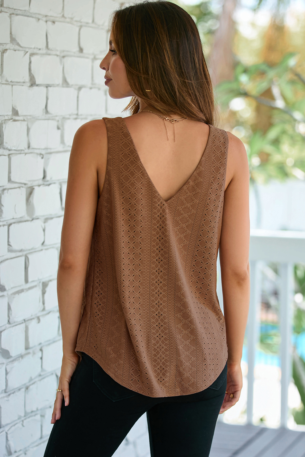Coffee Eyelet Knit Patterned Loose V Neck Tank Top