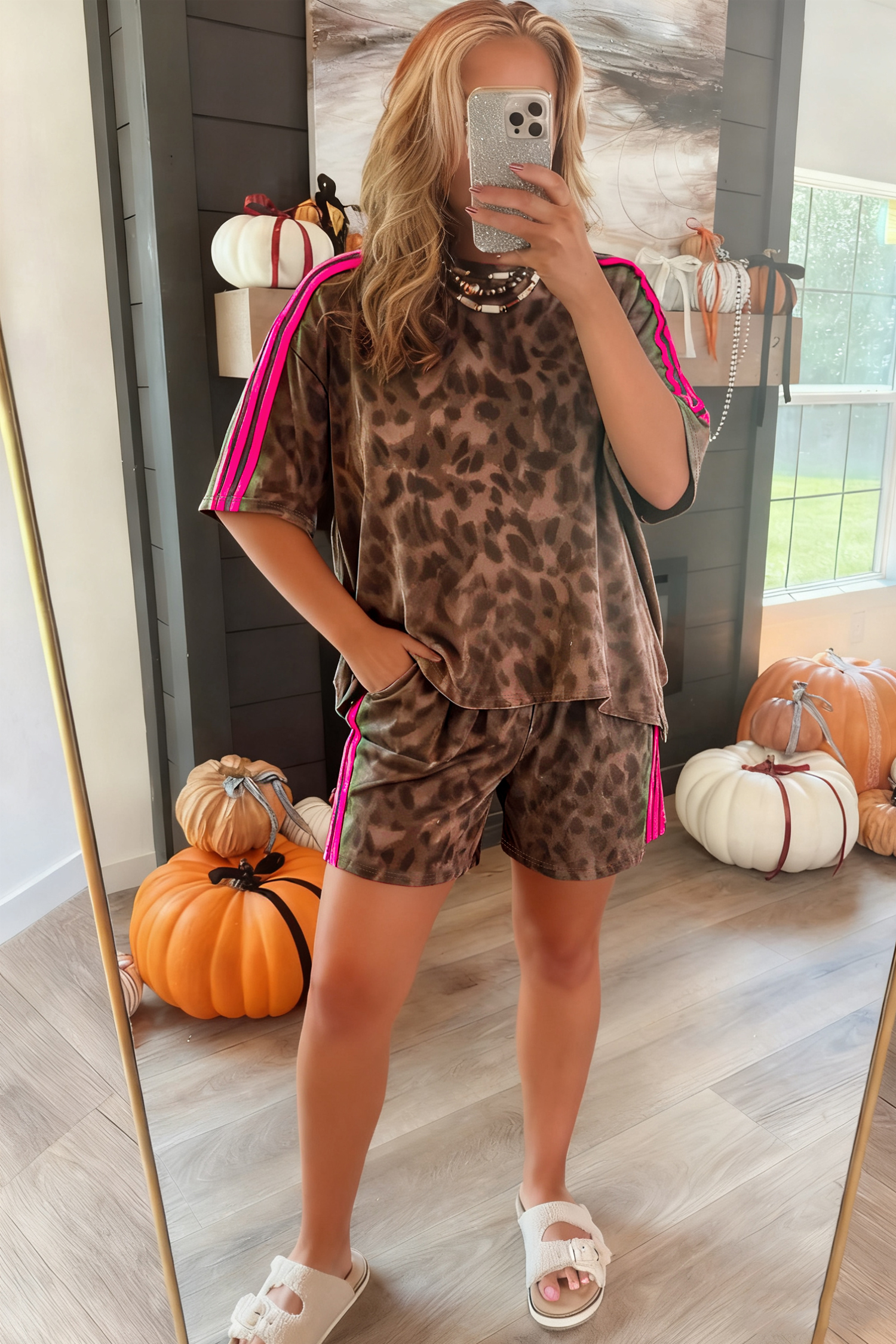 Brown Leopard Loose Tee Drawstring Waist Barrel Pants Set