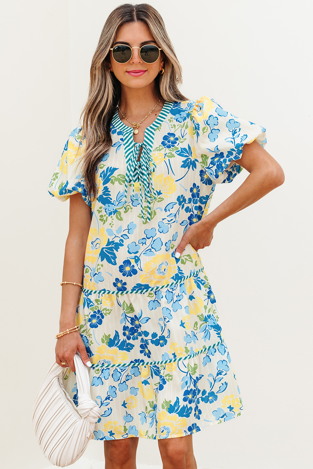 Blue Floral Striped Trim Puff Short Sleeve Dress