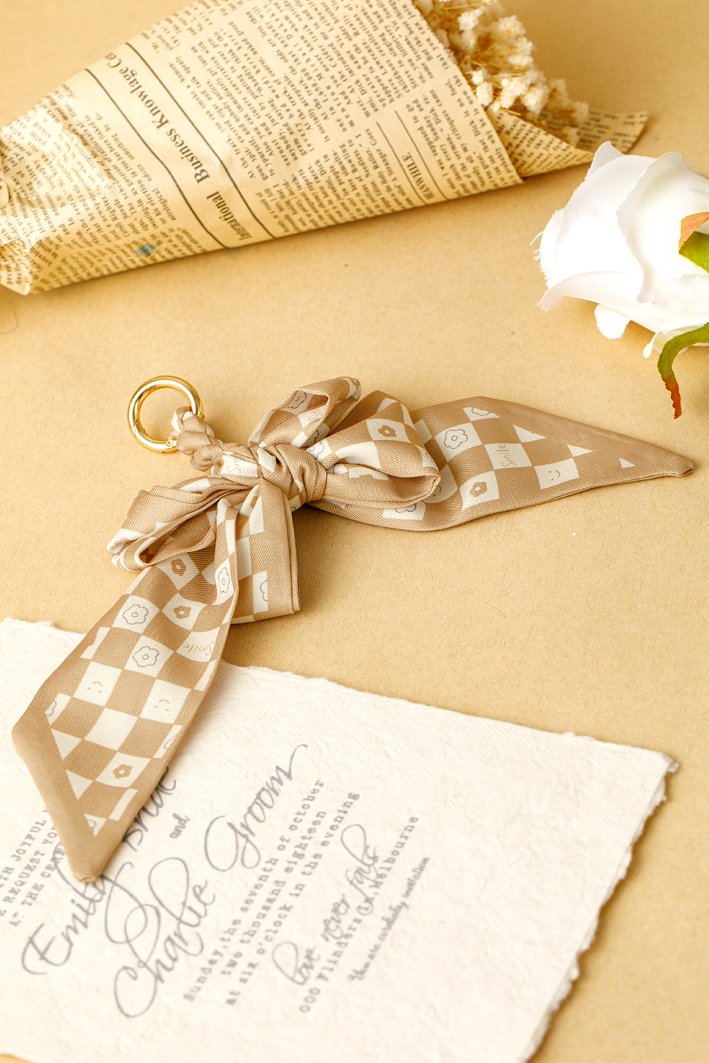 Smoke Gray Checkered Flower Bow Knot Keychain