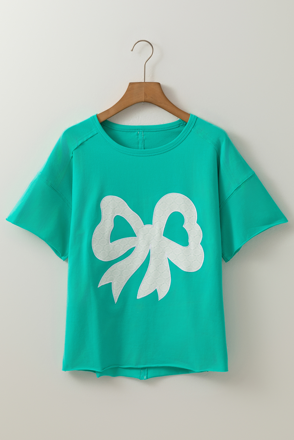 Medium Grey Lace Bow Raw Edge Drop Shoulder Casual T Shirt