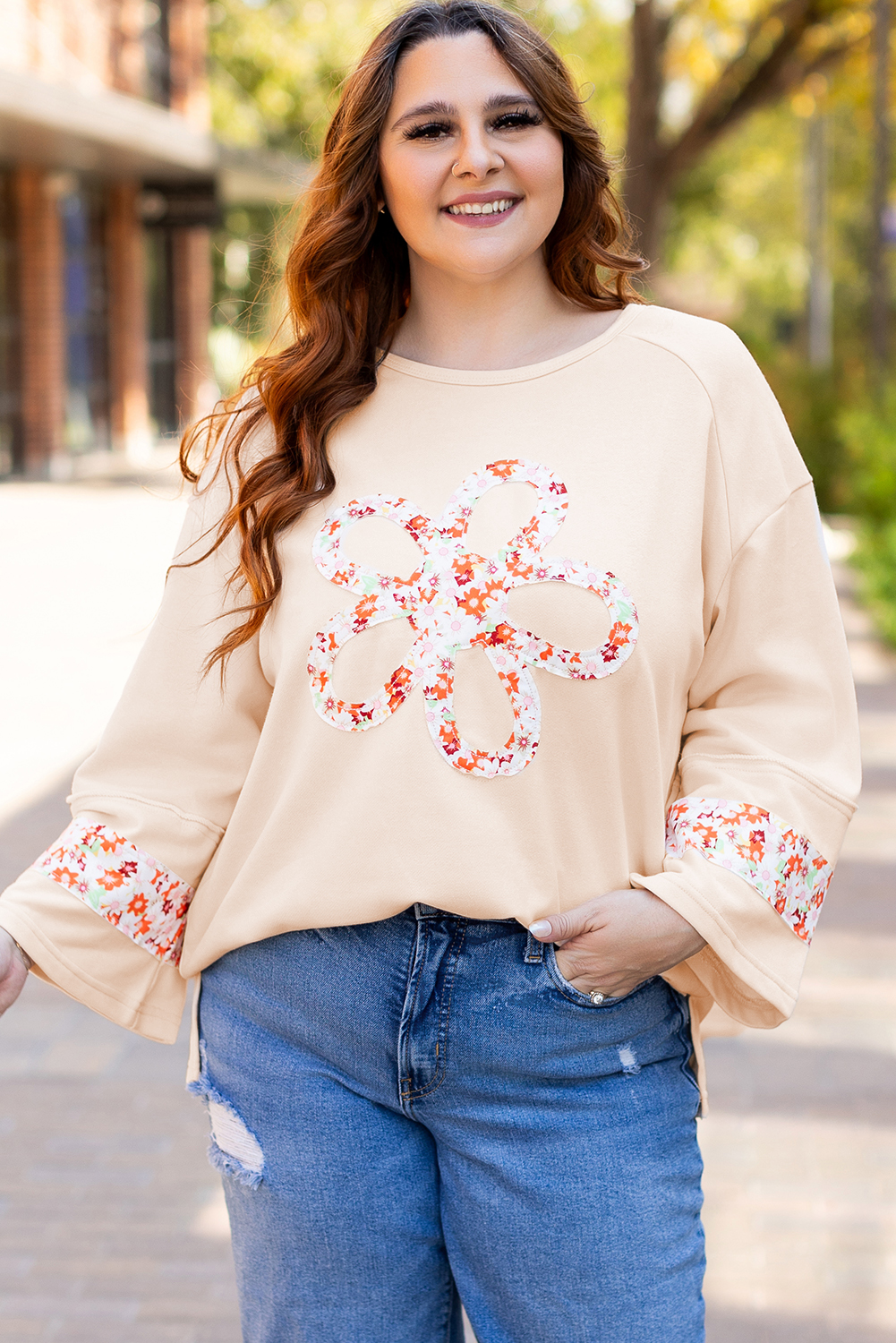 Beige Flower Patch Graphic Exposed Seam Wide Sleeve Top