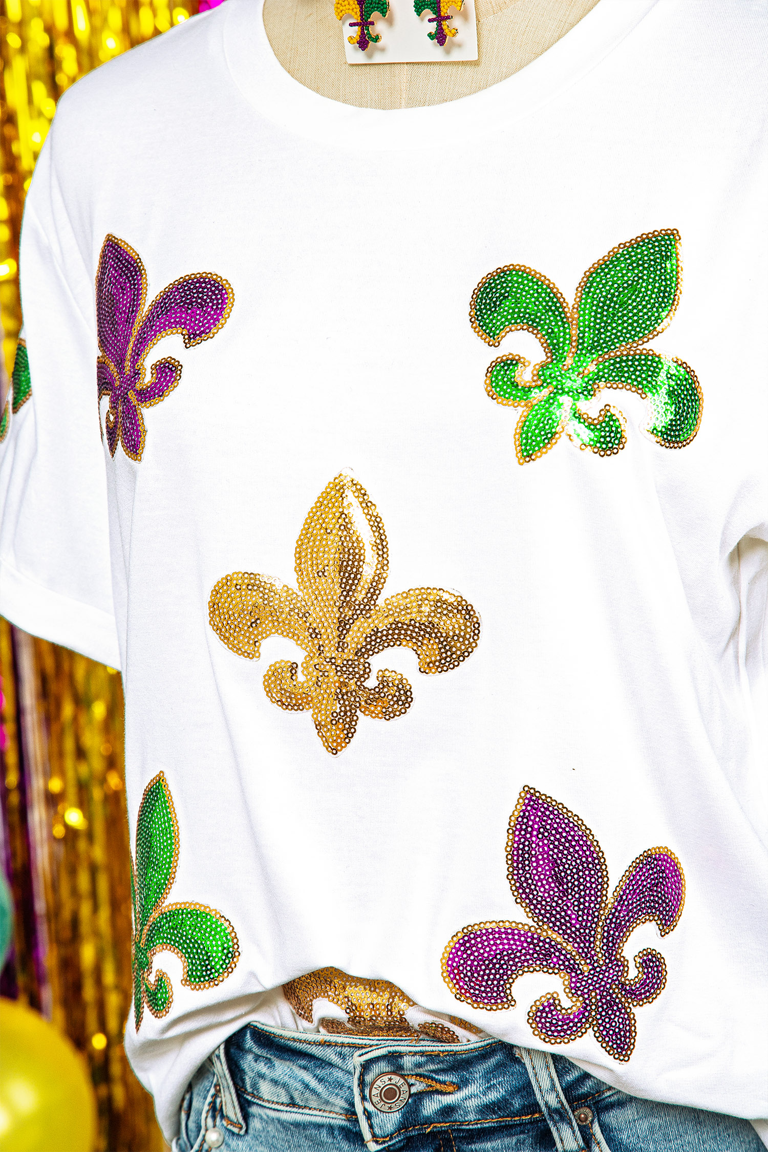 White Mardi Gras Fleur De Lis Sequin Graphic T Shirt