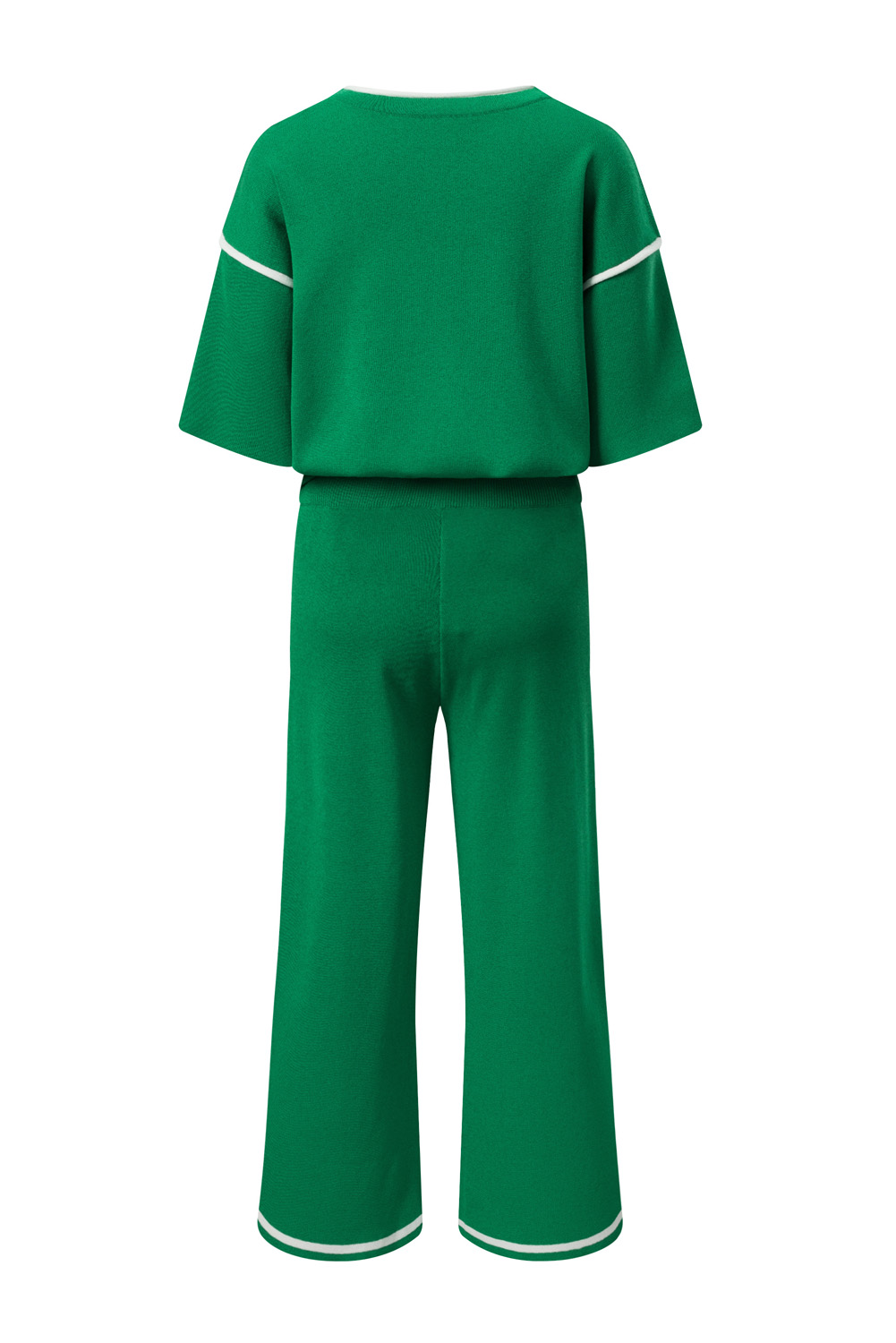Blackish Green Contrast Trim Half Sleeve Top Drawstring Pants Loose 2pcs Sweater Suit