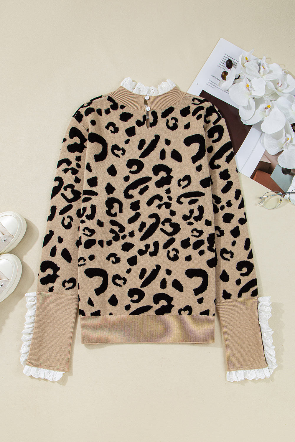 Dearlovers Brown Leopard Pattern Lace Ribbed Detail Button Cuffed Sweater