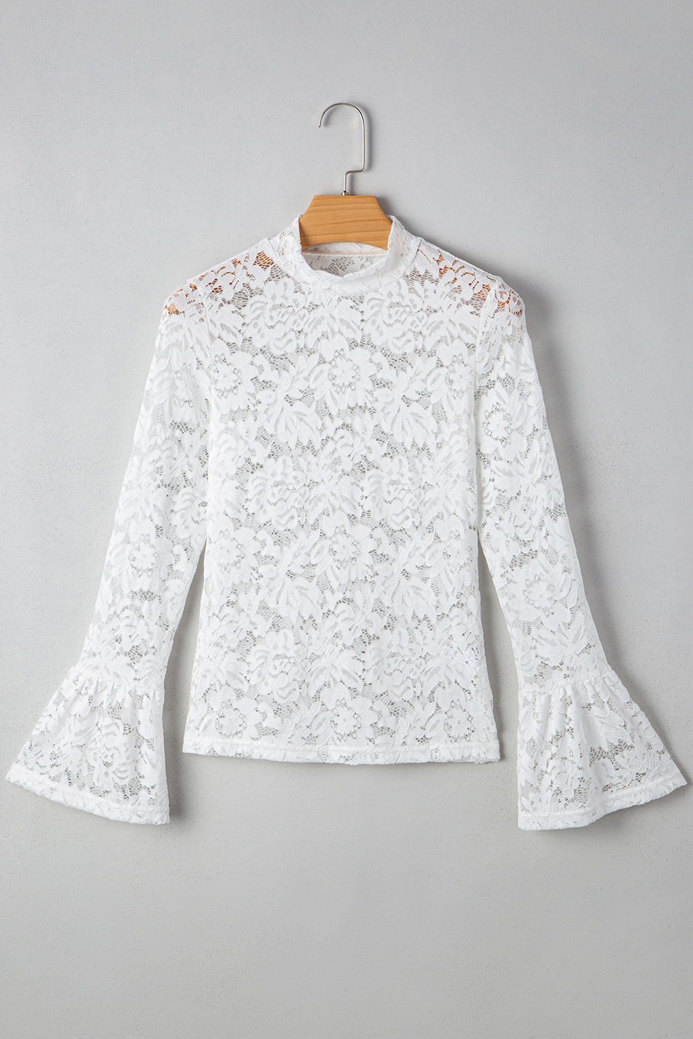 White Lace Crochet Bell Sleeve Mock Neck Blouse