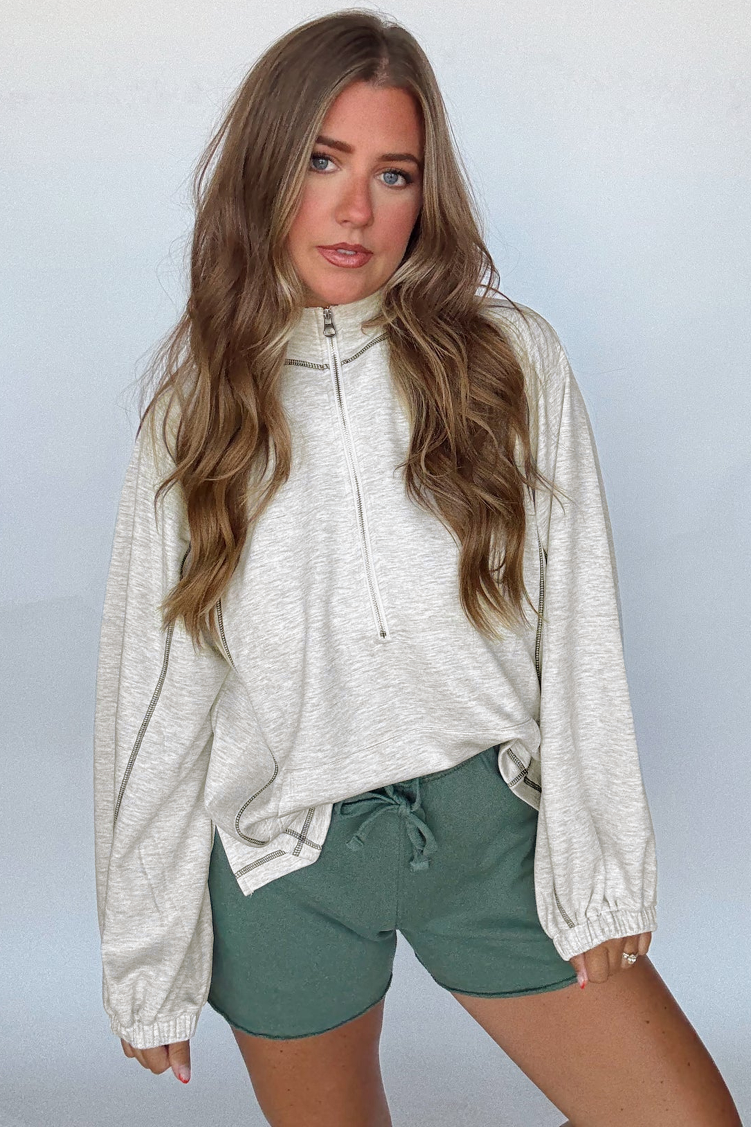 Light Grey Half Zip Stand Neck Seam Detail Long Sleeve Top