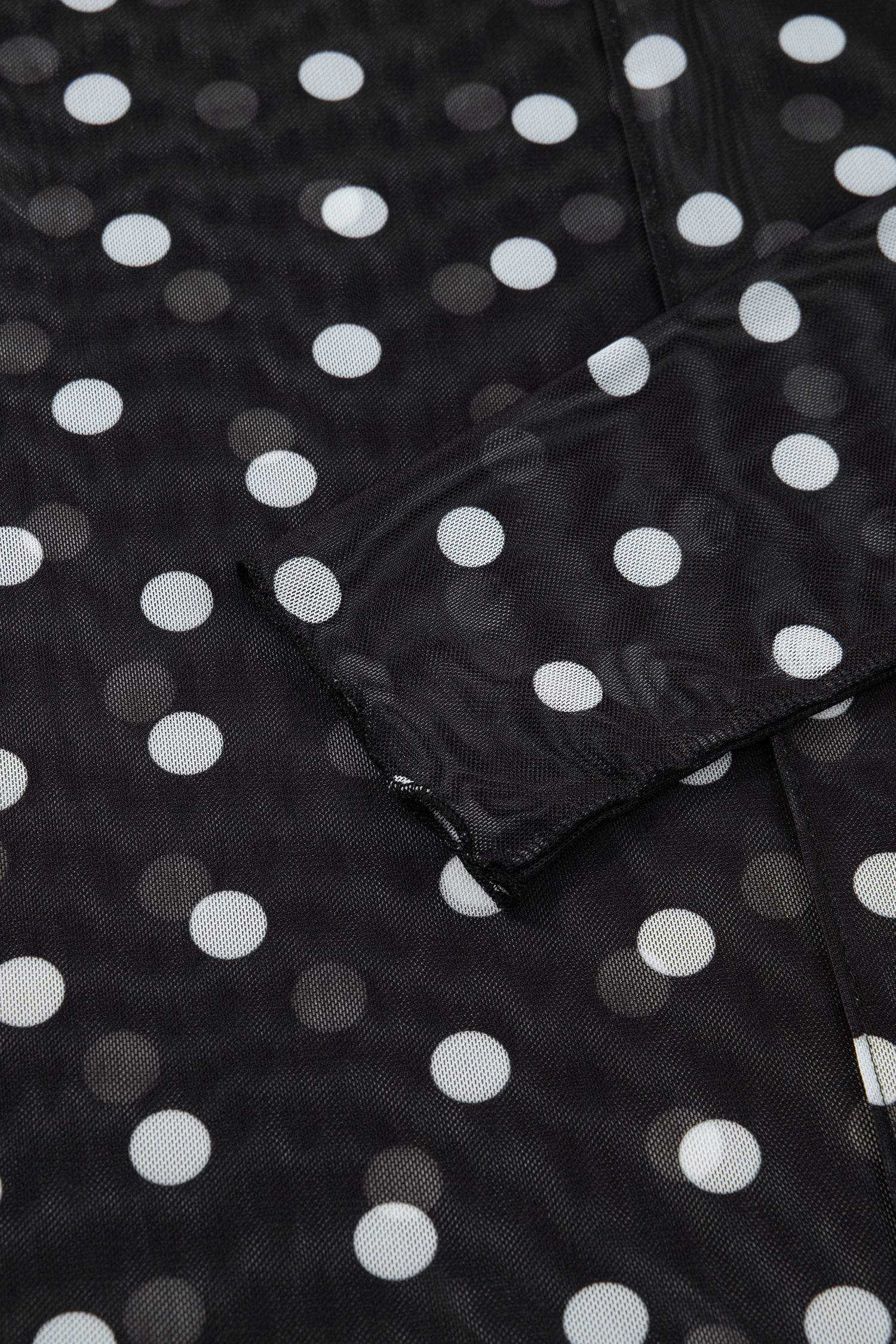 Black Polka Dot Patterned Bodycon Mock Neck Mesh Long Sleeve Top