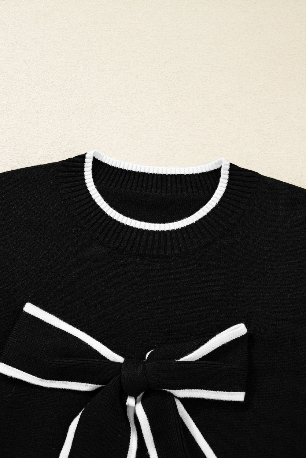 Black Contrast Trim Big Bow Accent Holiday Cropped Sweater