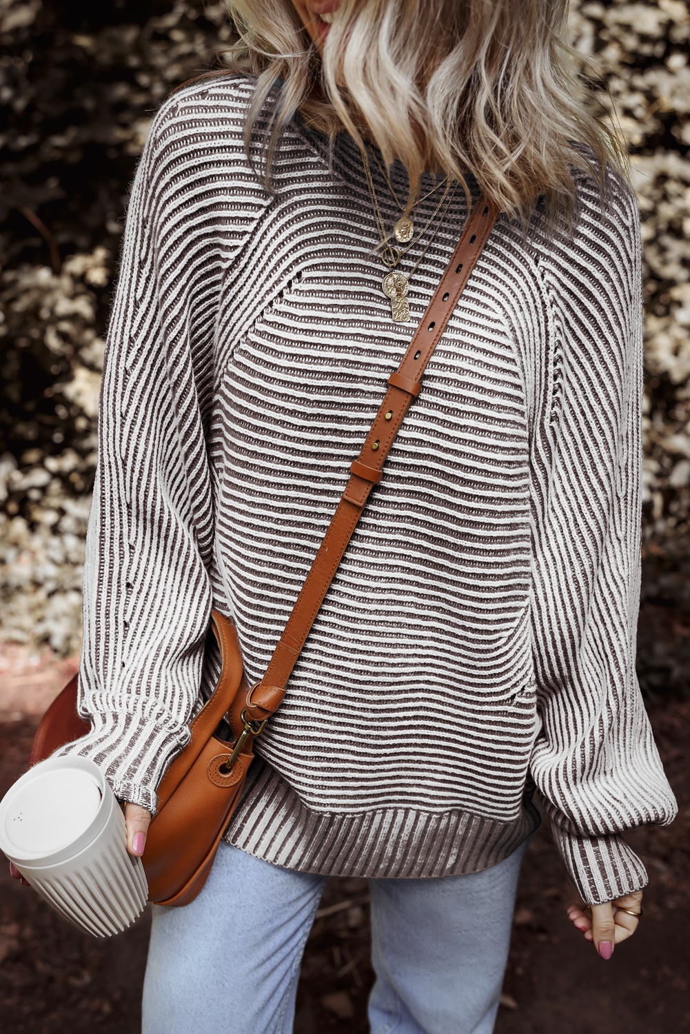 Coffee Striped Print Ribbed Knit Boat Neck Baggy Sweater