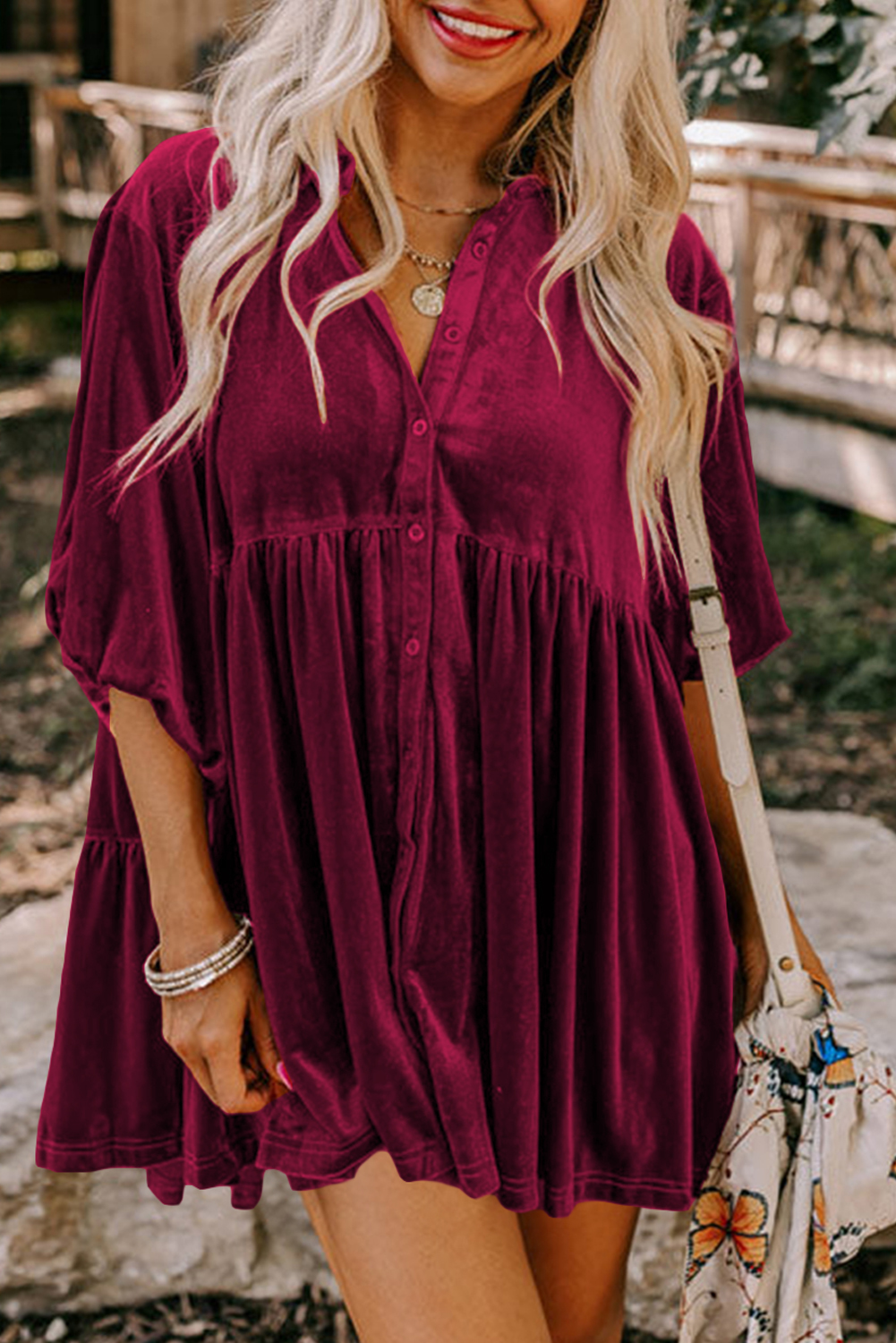 Burgundy 3/4 Sleeve Tunic Babydoll Velvet Shirt