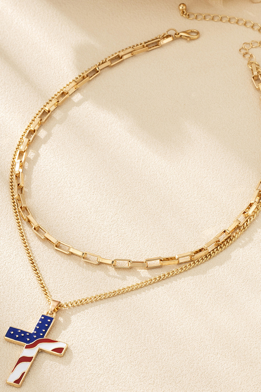 Gold Plated Double Chain Stars and Stripes Cross Pendent Necklace