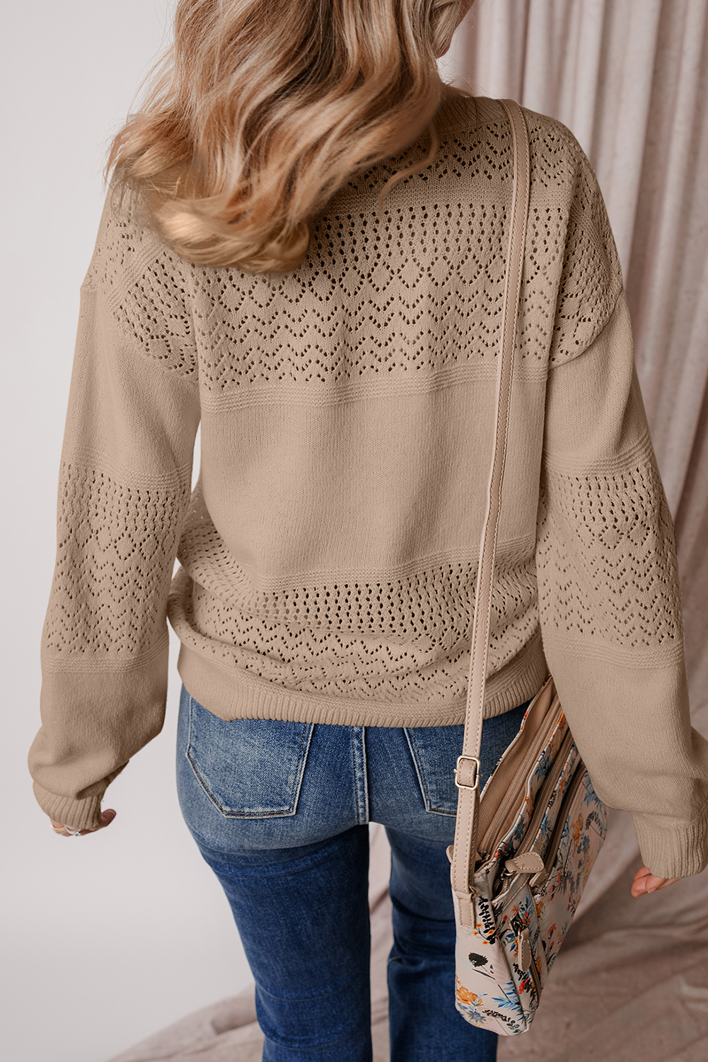 Sky Blue Eyelet Pattern Detail V Neck Drop Shoulder Sweater