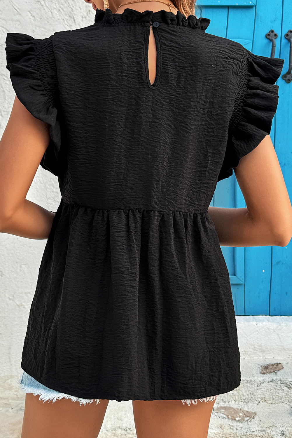 Black Ruffled Textured Summer Blouse