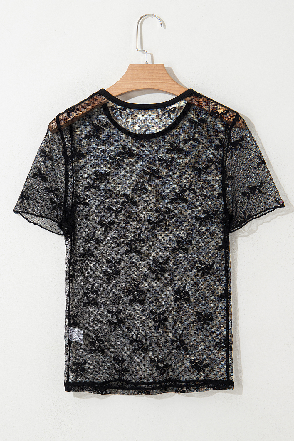 Black Bow Knot Dotted See-through Mesh Patched Slim Fit Blouse