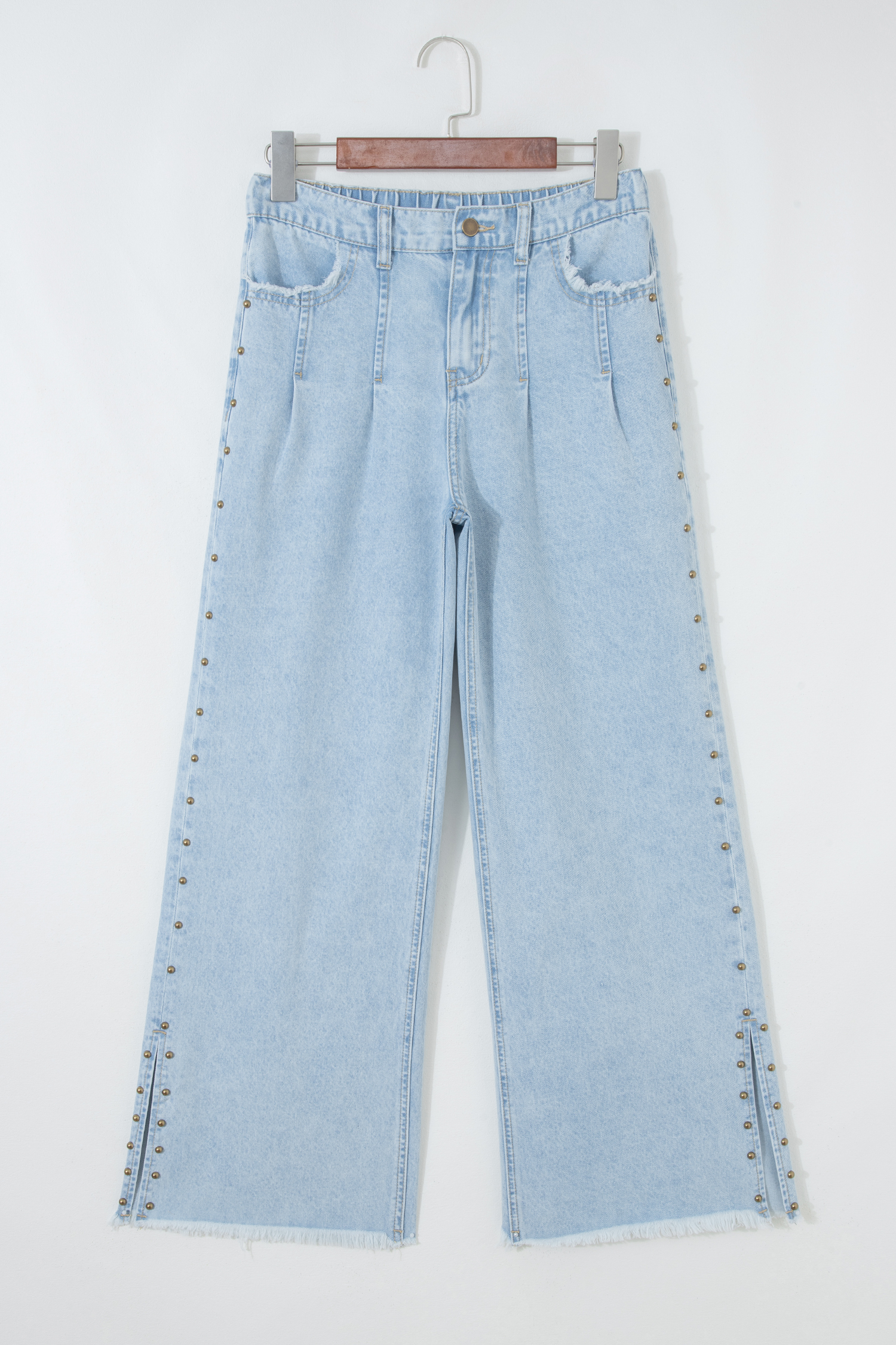 Beau Blue Studded Side Slit Leg Frayed Pocketed Wide Leg Jeans