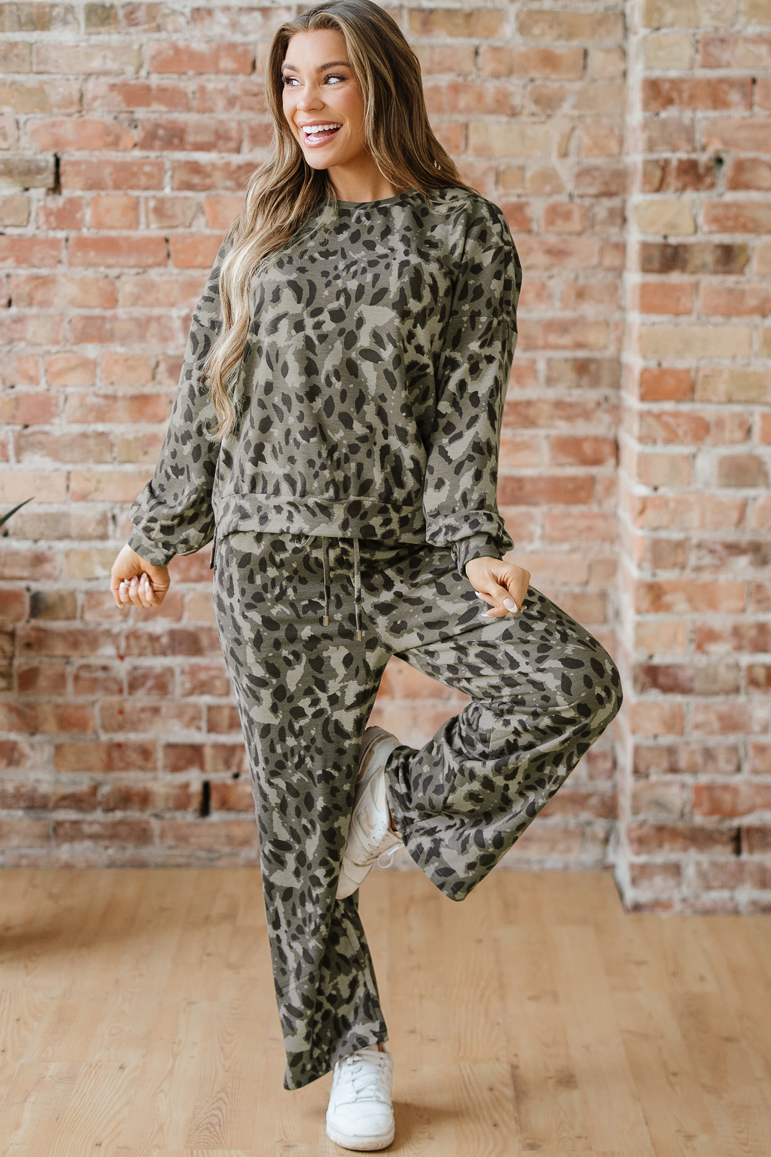 Brown Leopard Loose Tee Drawstring Waist Barrel Pants Set