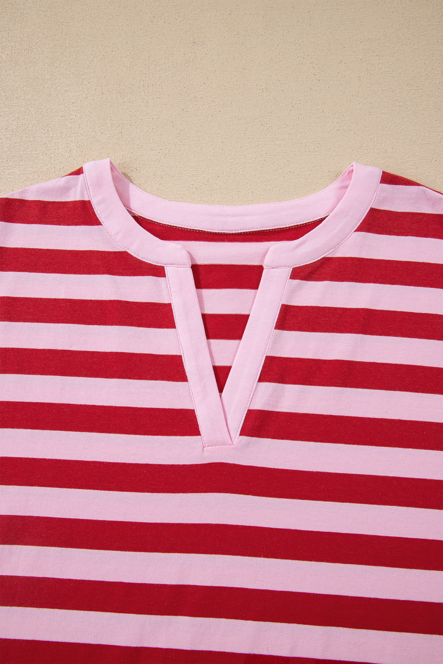 Pink Stripe Split V Neck Casual T Shirt
