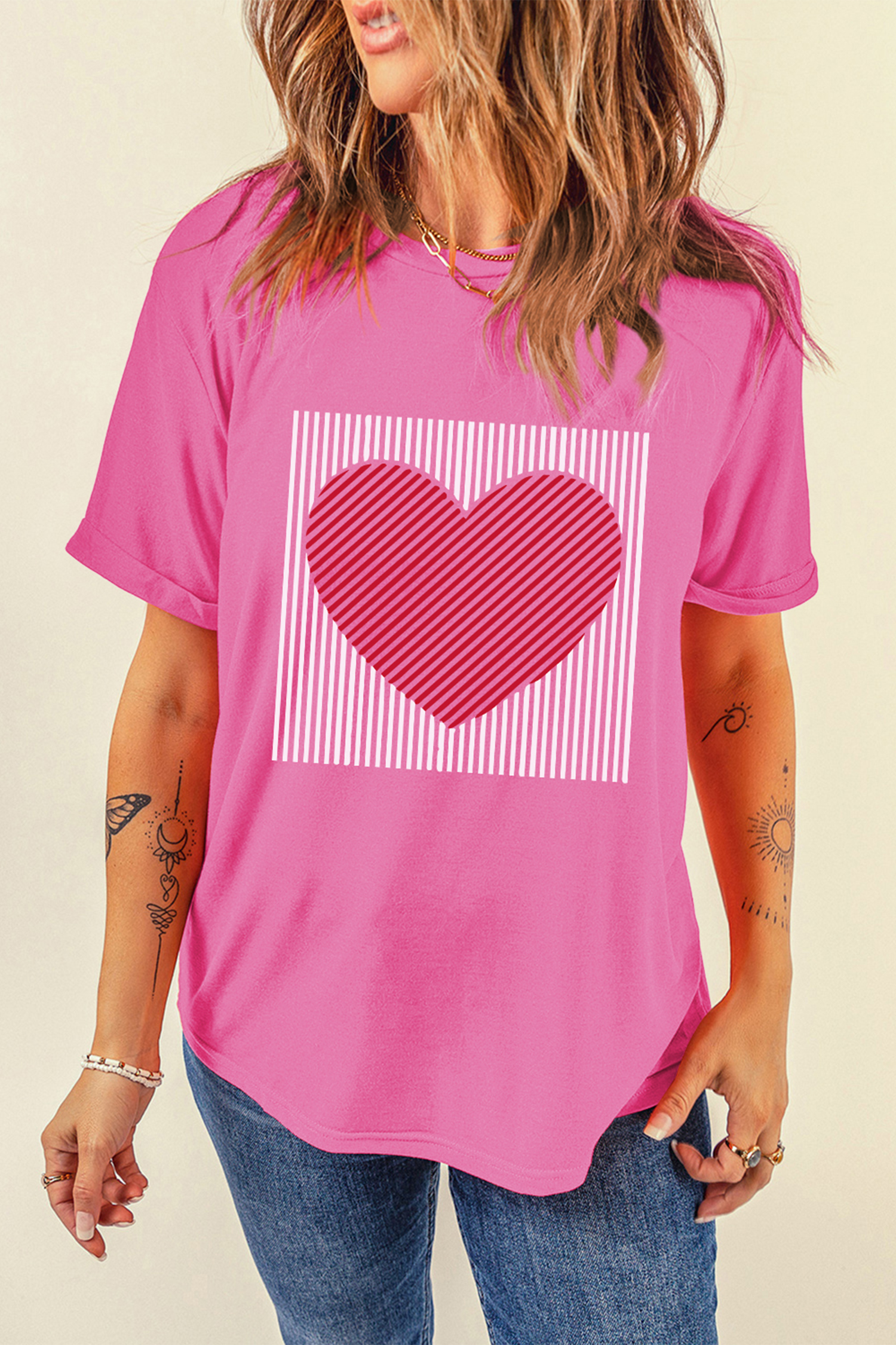 Sachet Pink Contrast Striped Heart Printed Valentines Day T Shirt