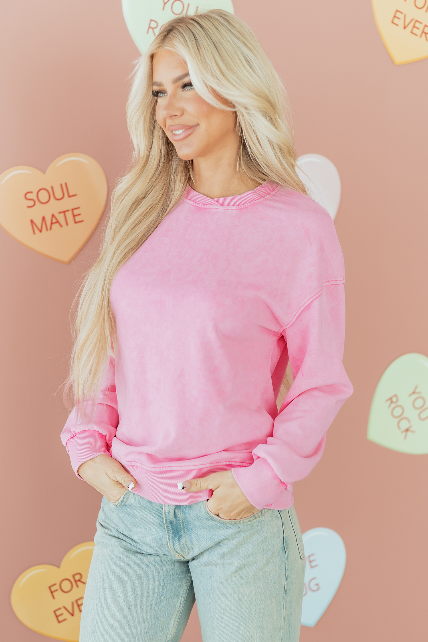 Bright Pink Mineral Wash Crossed Crew Neck Drop Shoulder Loose Sweatshirt