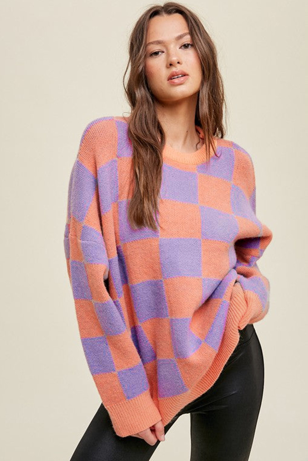 Parchment Checkered Pattern Ribbed Trim Knit Baggy Sweater