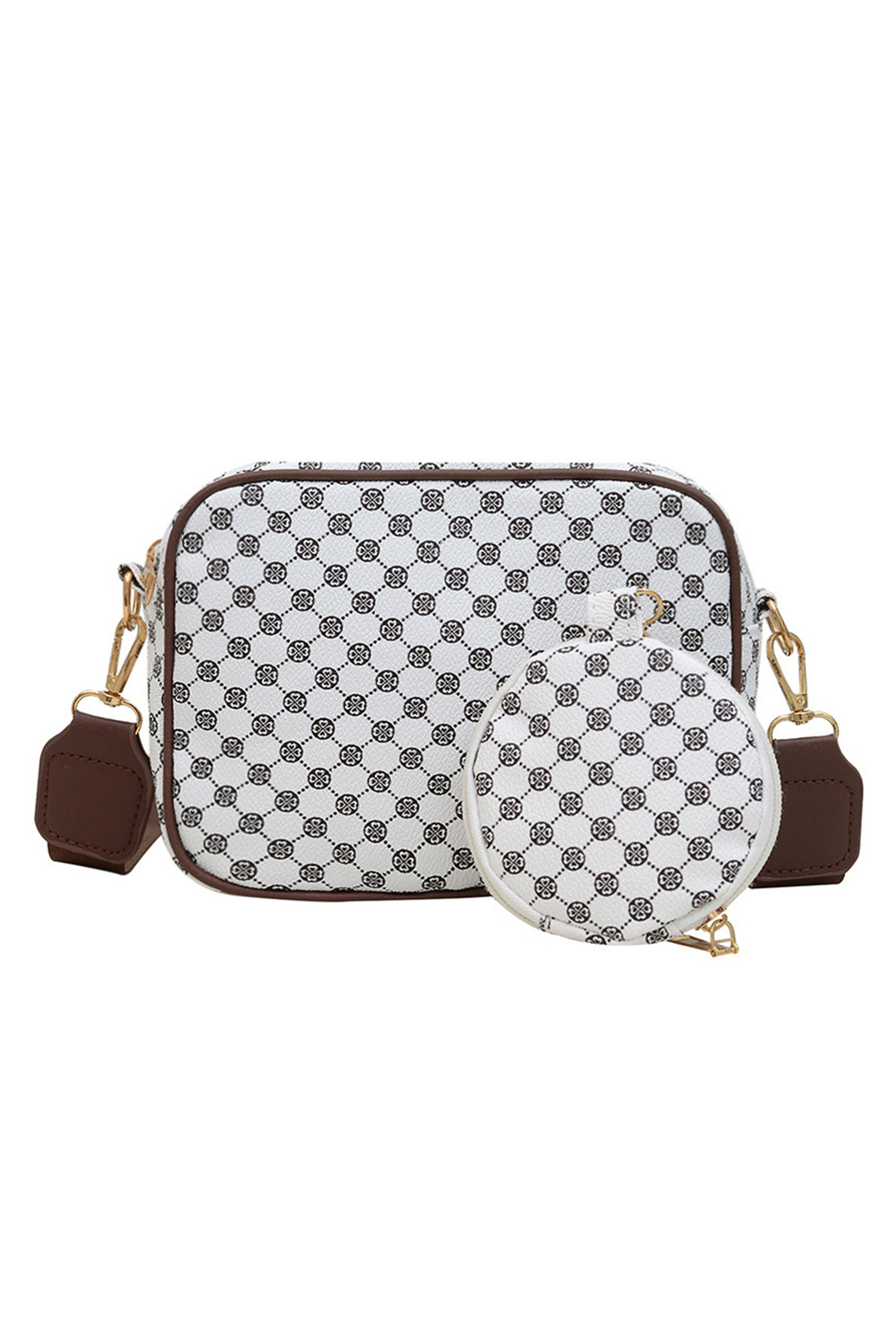 Coffee Checkered Print PU Leather Shoulder Bag with Coin Wallet