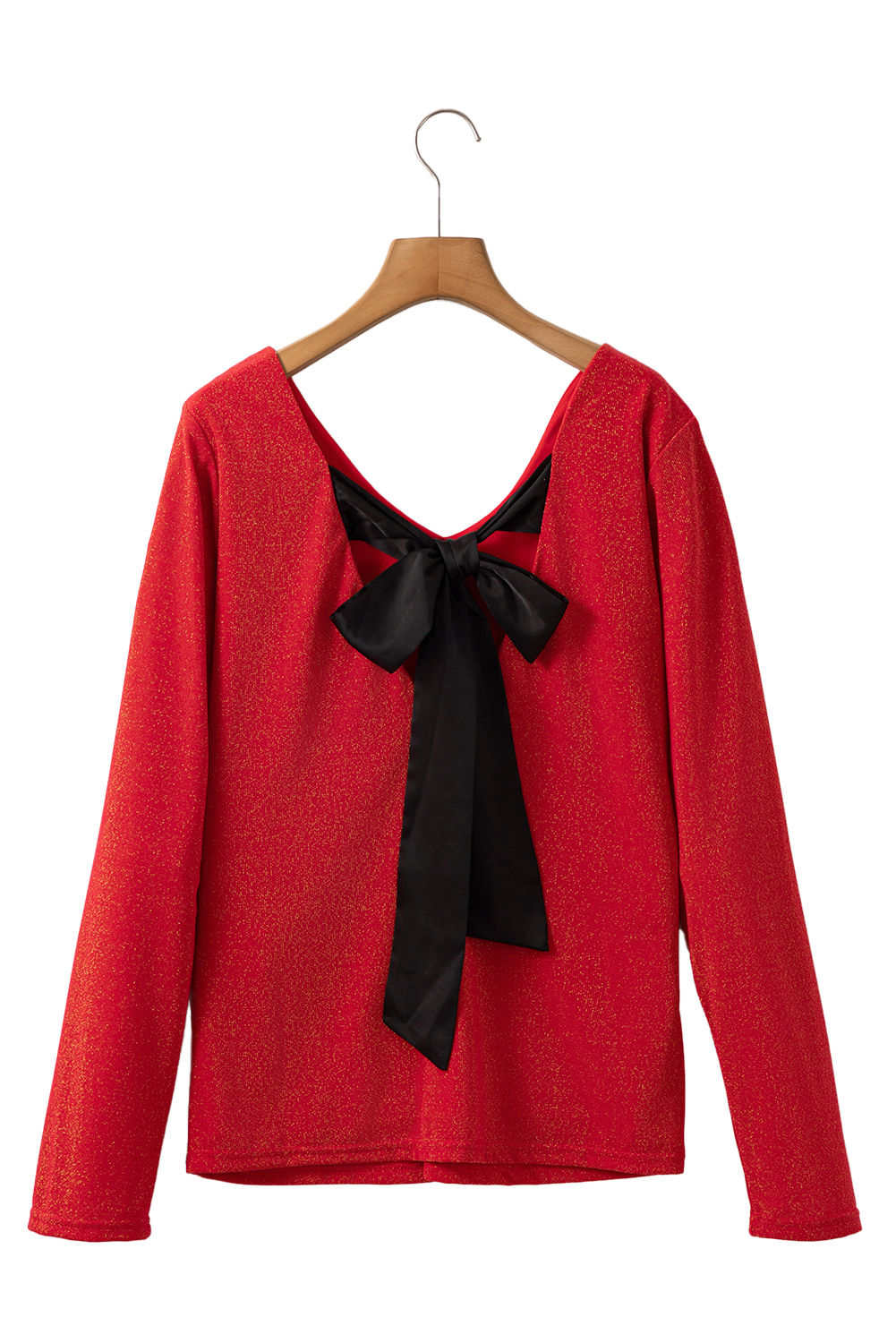 Red Metallic Bowknot Open Back V Neck Top