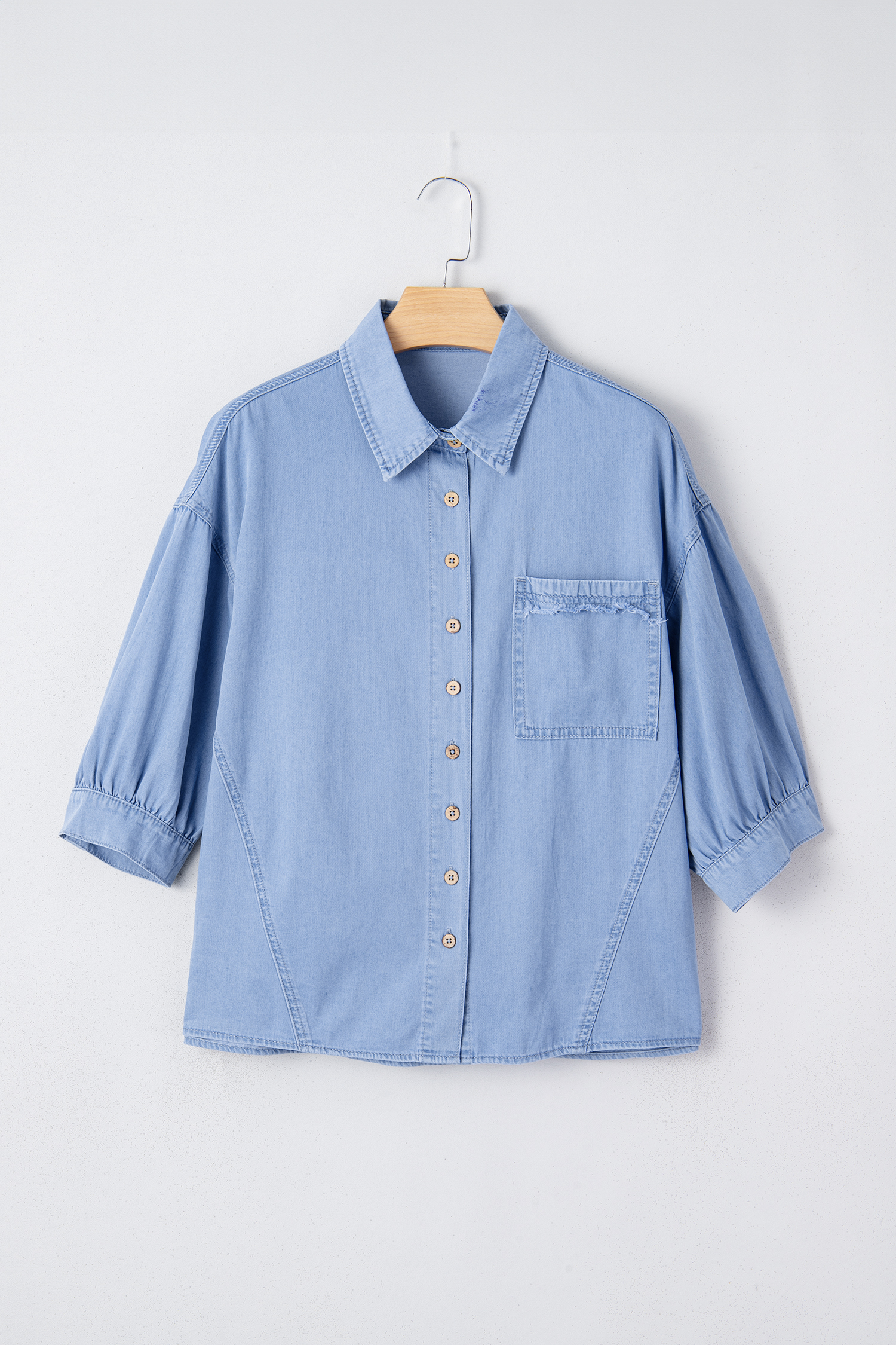 Myosotis Washed Drop Shoulder Bracelet Sleeve Chambray Shirt