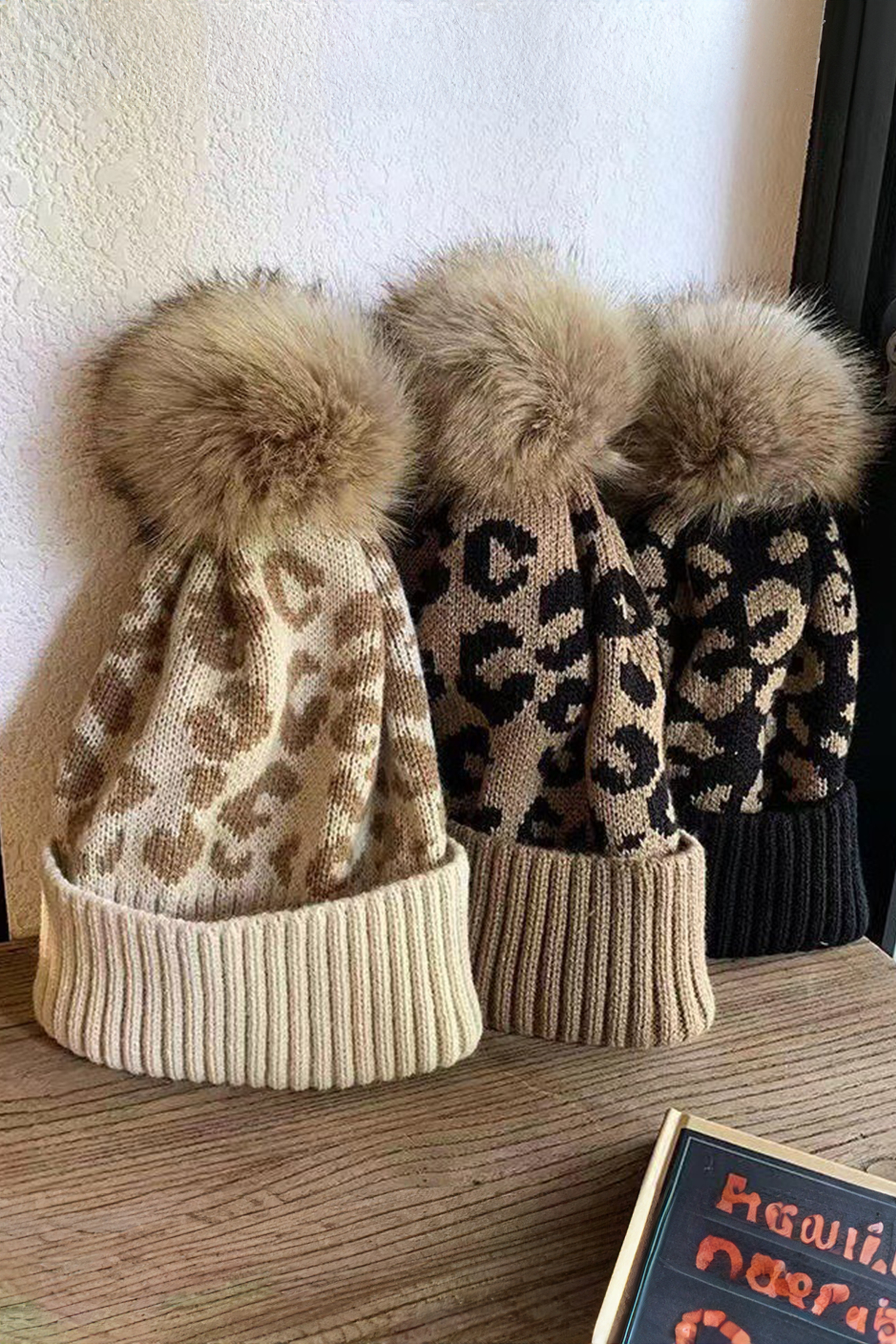 Light French Beige Faux Fur Pompom Leopard Knit Beanie