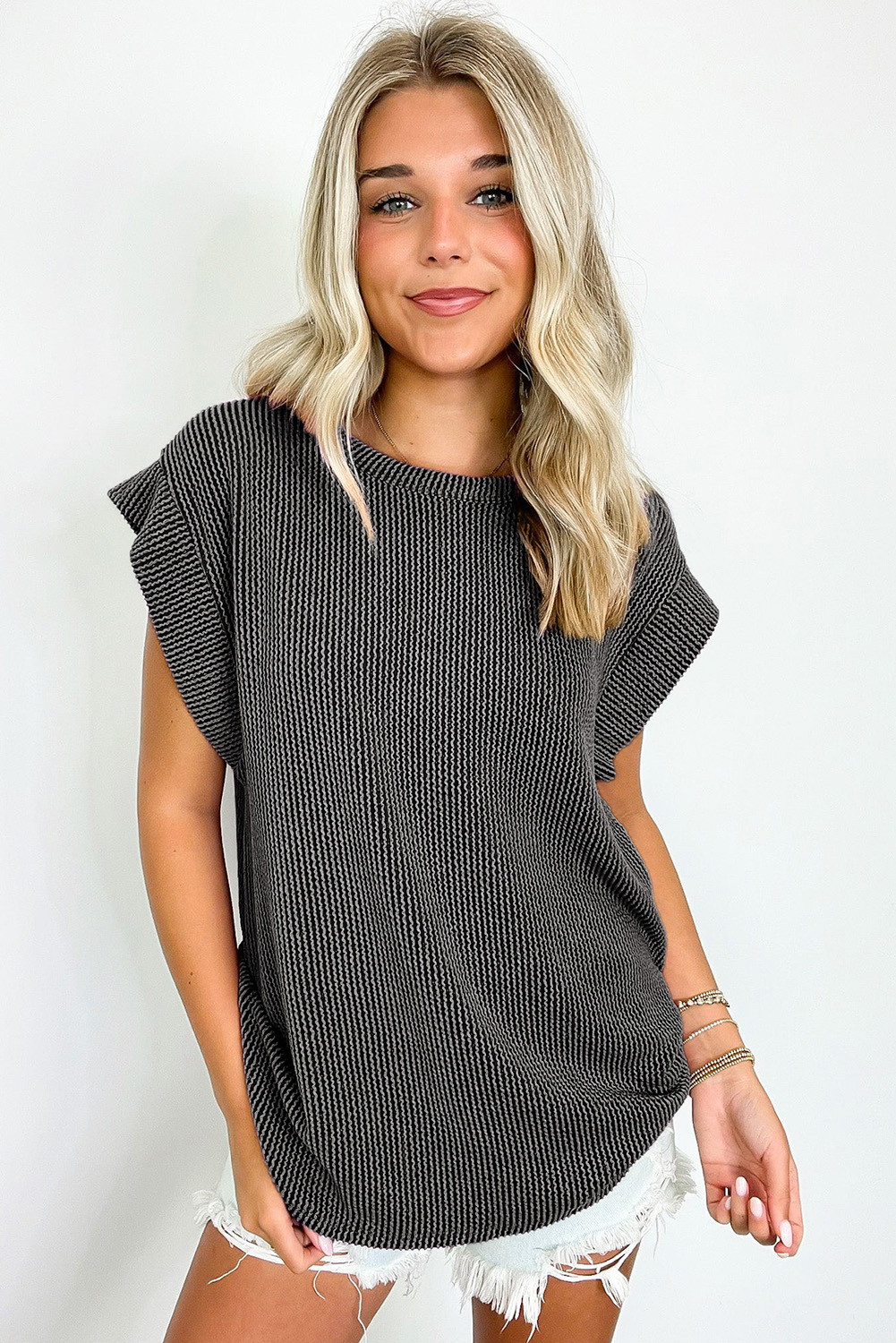Gray Twisted Rib Wide Sleeve Crew Neck T Shirt