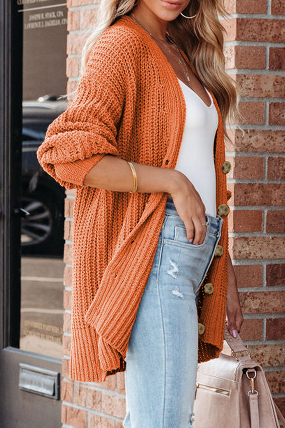Gold Flame Button Front V Neck Chunky Cardigan Sweater