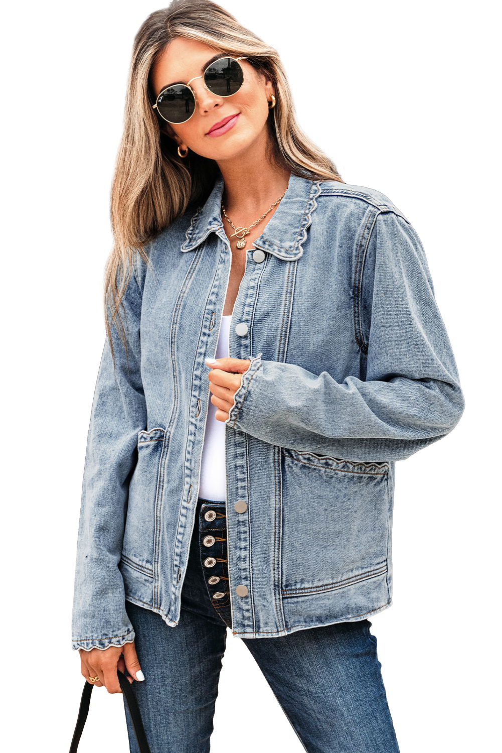 Myosotis Scallop Trim Collar Patched Pocket Button Up Mineral Washed Denim Jacket