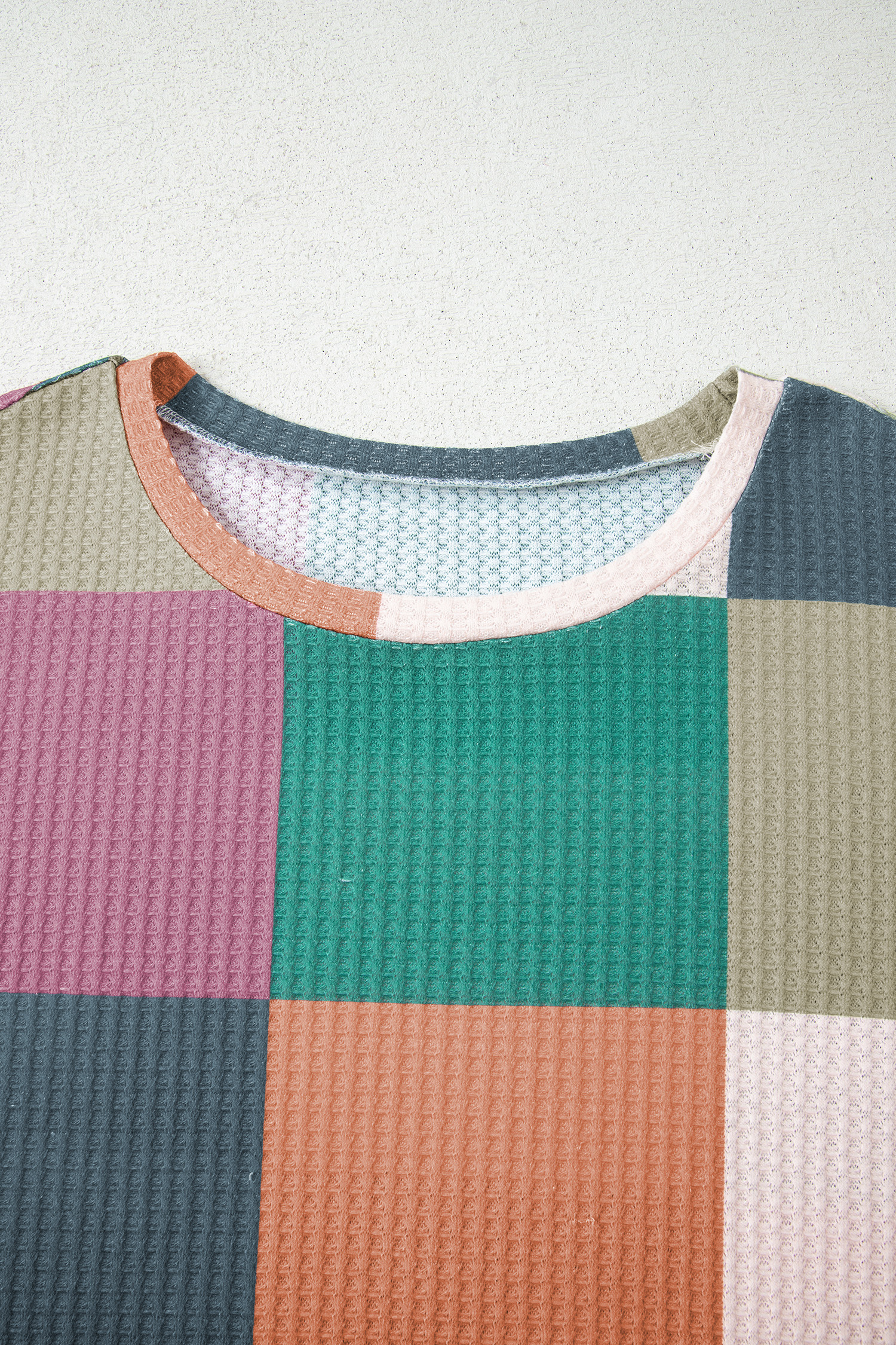 Green Checkered Print Textured Knit Long Sleeve Loose Top