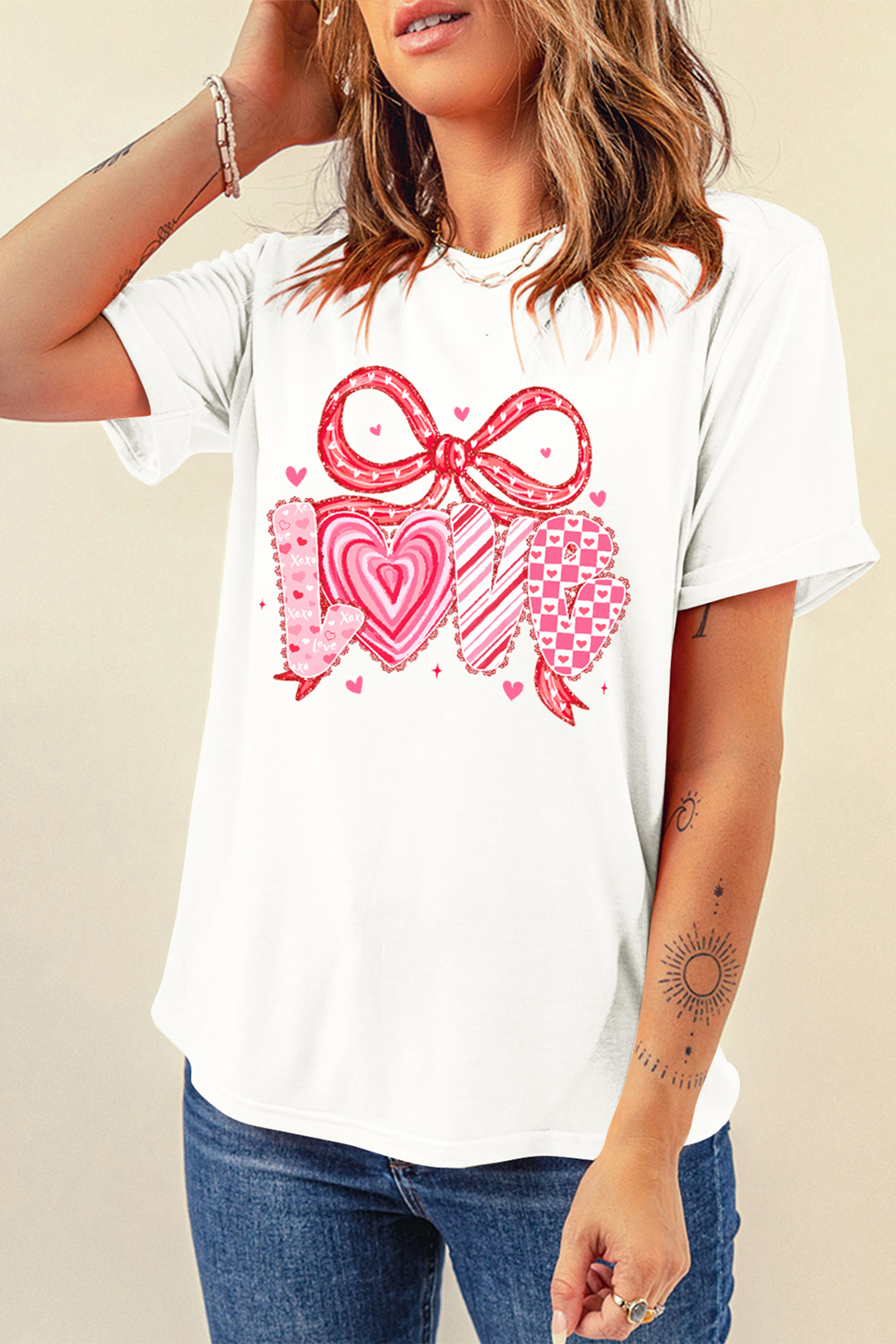 White Sweet LOVE Ribbon Bow Printed Valentines Day T Shirt