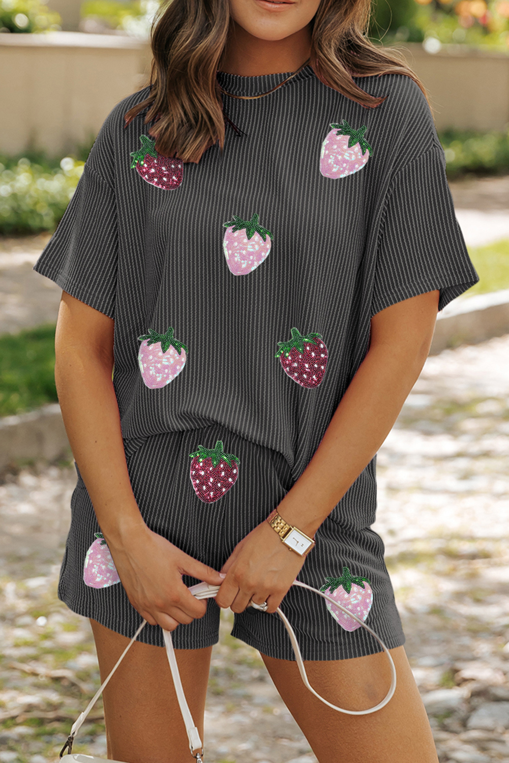 Carbon Grey Sequin Strawberry Patched Twist Ribbed Short 2pcs Outfit