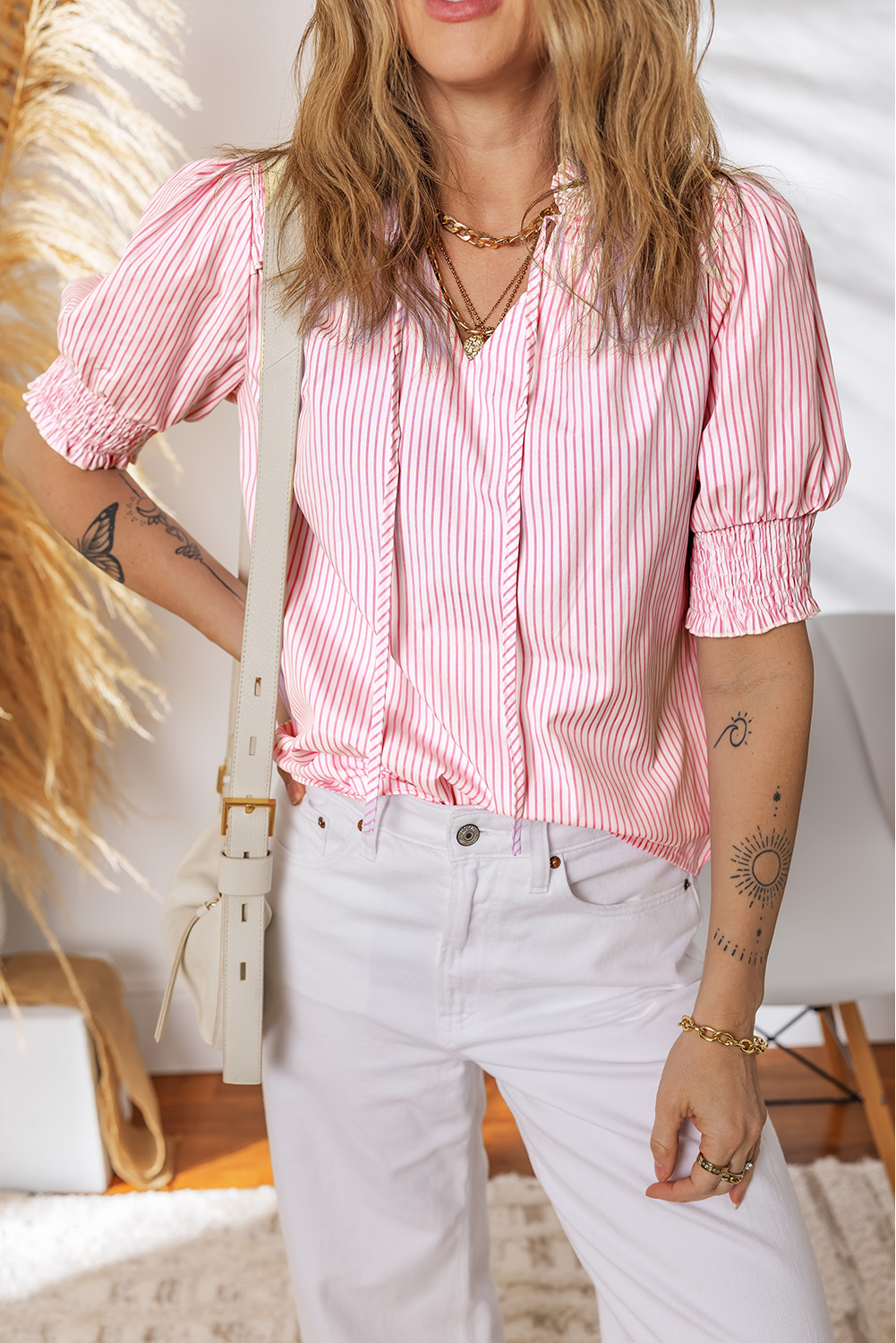 Gray Stripe Shirred Detail V Neck Puff Half Sleeve V Neck Blouse