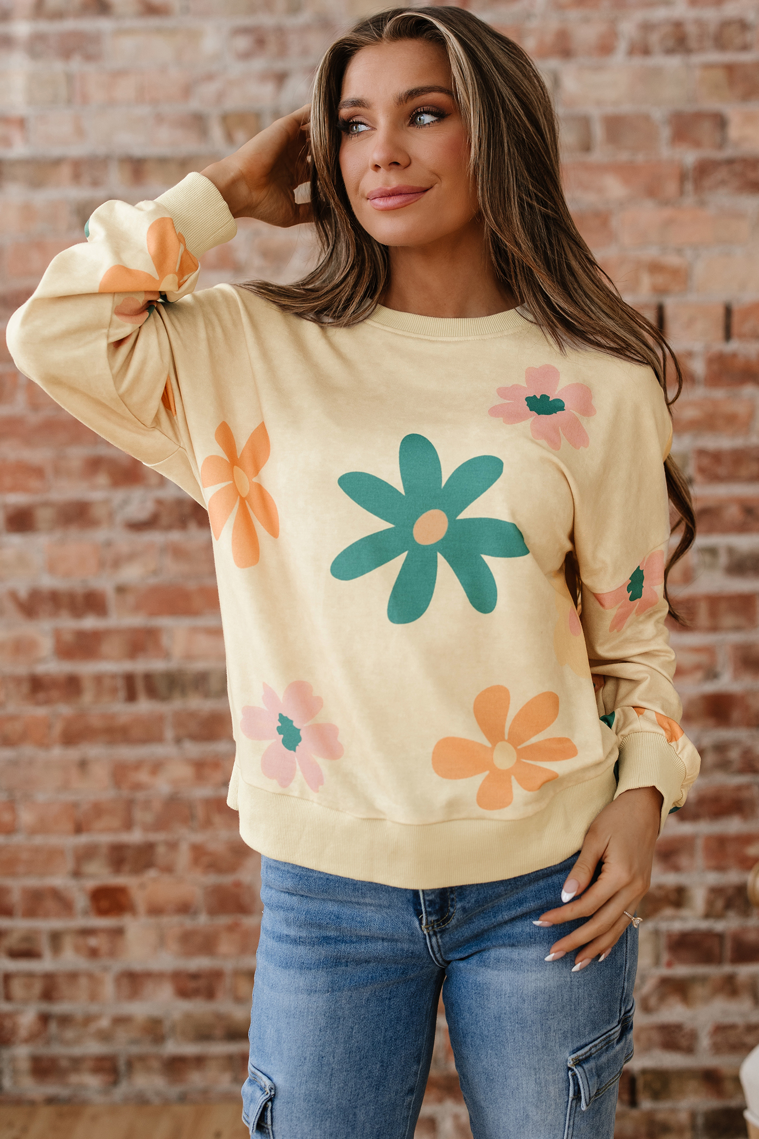 Khaki Mineral Washed French Terry Flower Print Sweatshirt