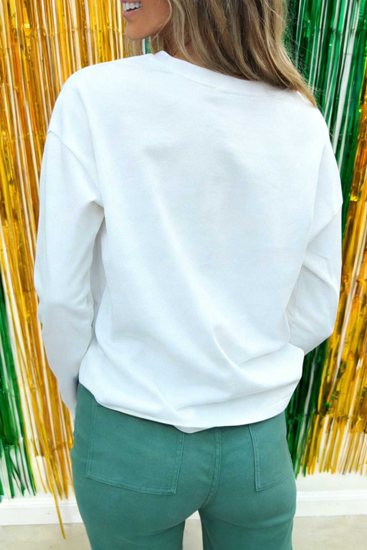 White LUCKY Clover Embroidered Long Sleeve Top