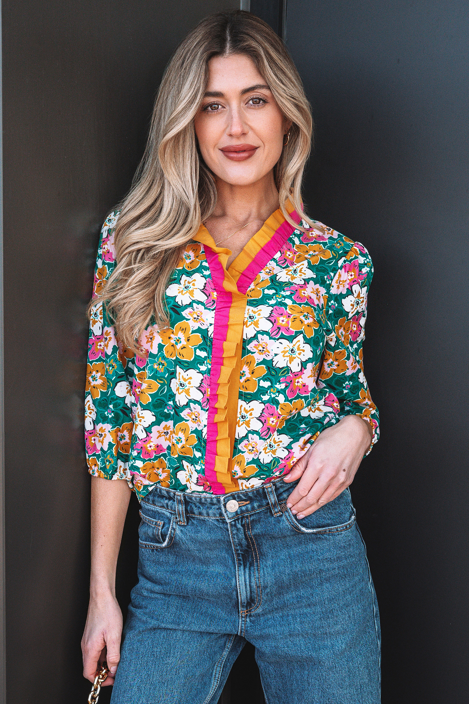 Green Floral Print Contrast Trim Frilled V Neck 3/4 Sleeve Blouse