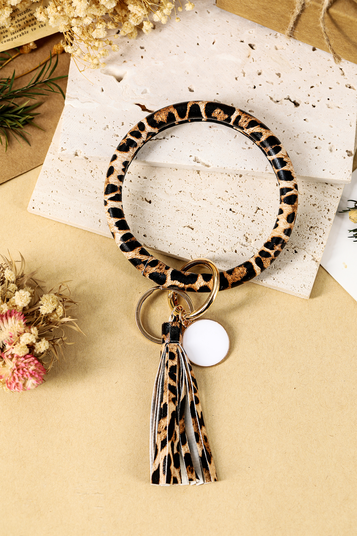 Parchment Leopard PU Leather Tassel Key Chain Bangle Bracelet
