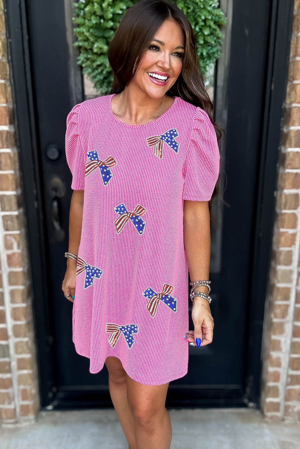 Bright Pink Flag Pattern Inspired Sequin Bow Spiral Ribbed Puff Sleeve T Shirt Dress