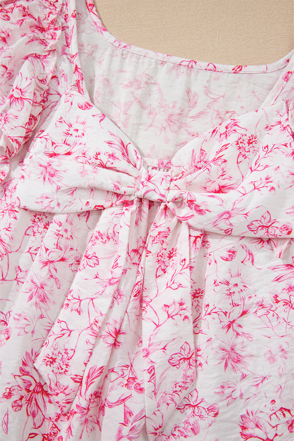 Beau Blue Textured Bow Knot Frilled Butterfly Sleeve Blouse